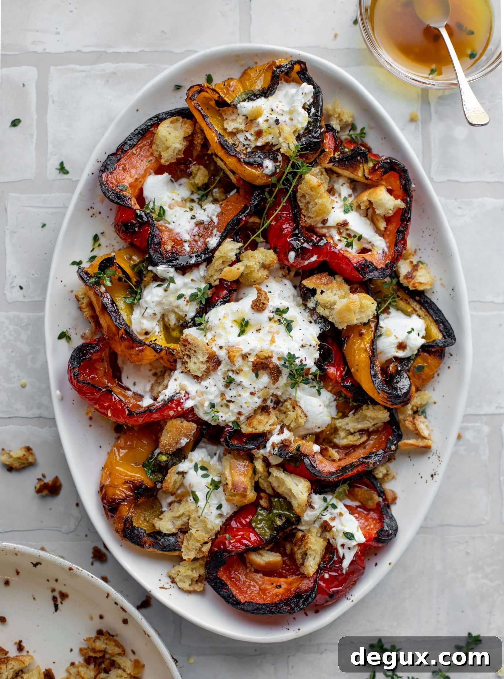 grilled peppers with burrata and sourdough breadcrumbs