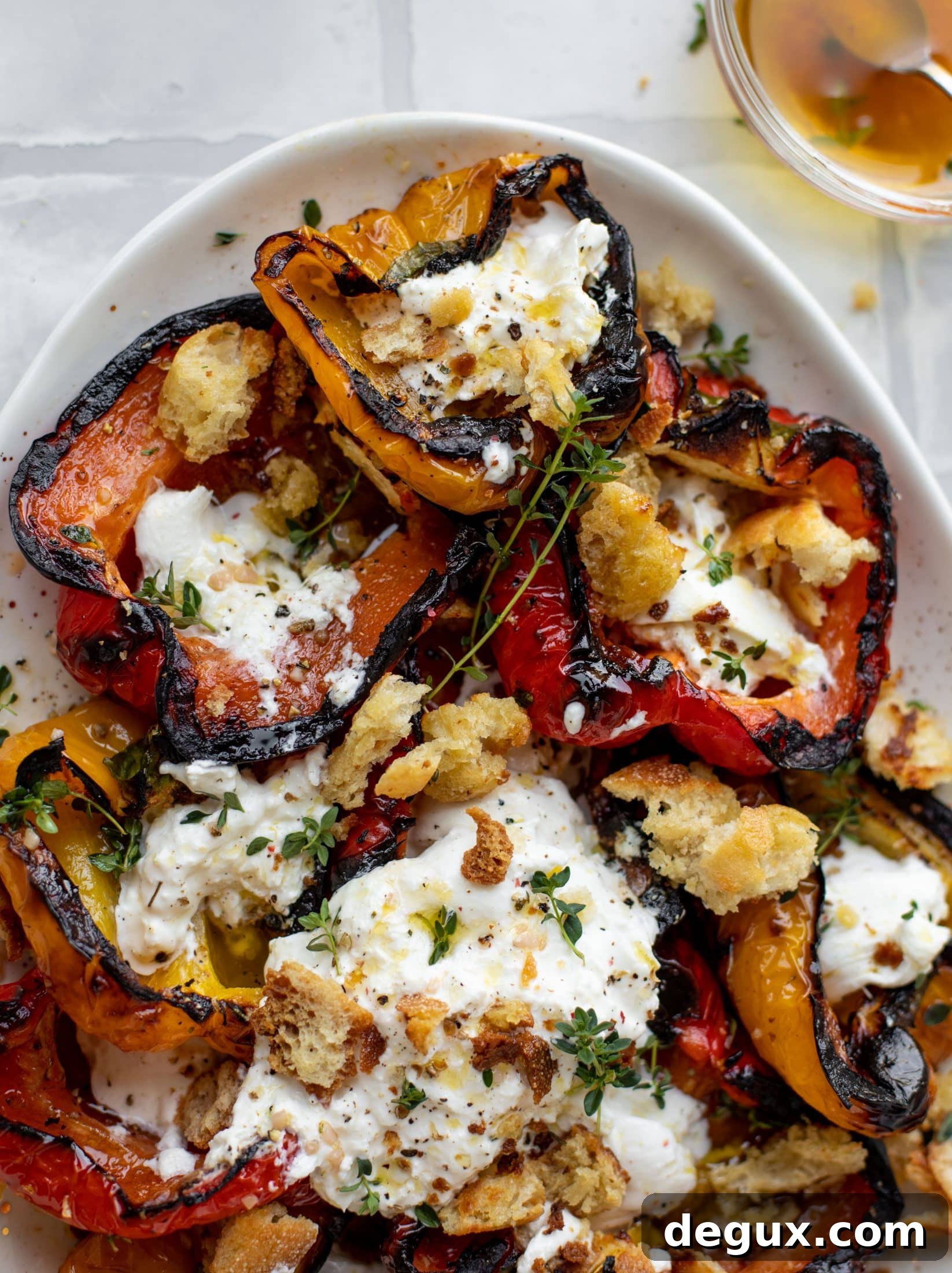 grilled peppers with burrata and sourdough breadcrumbs