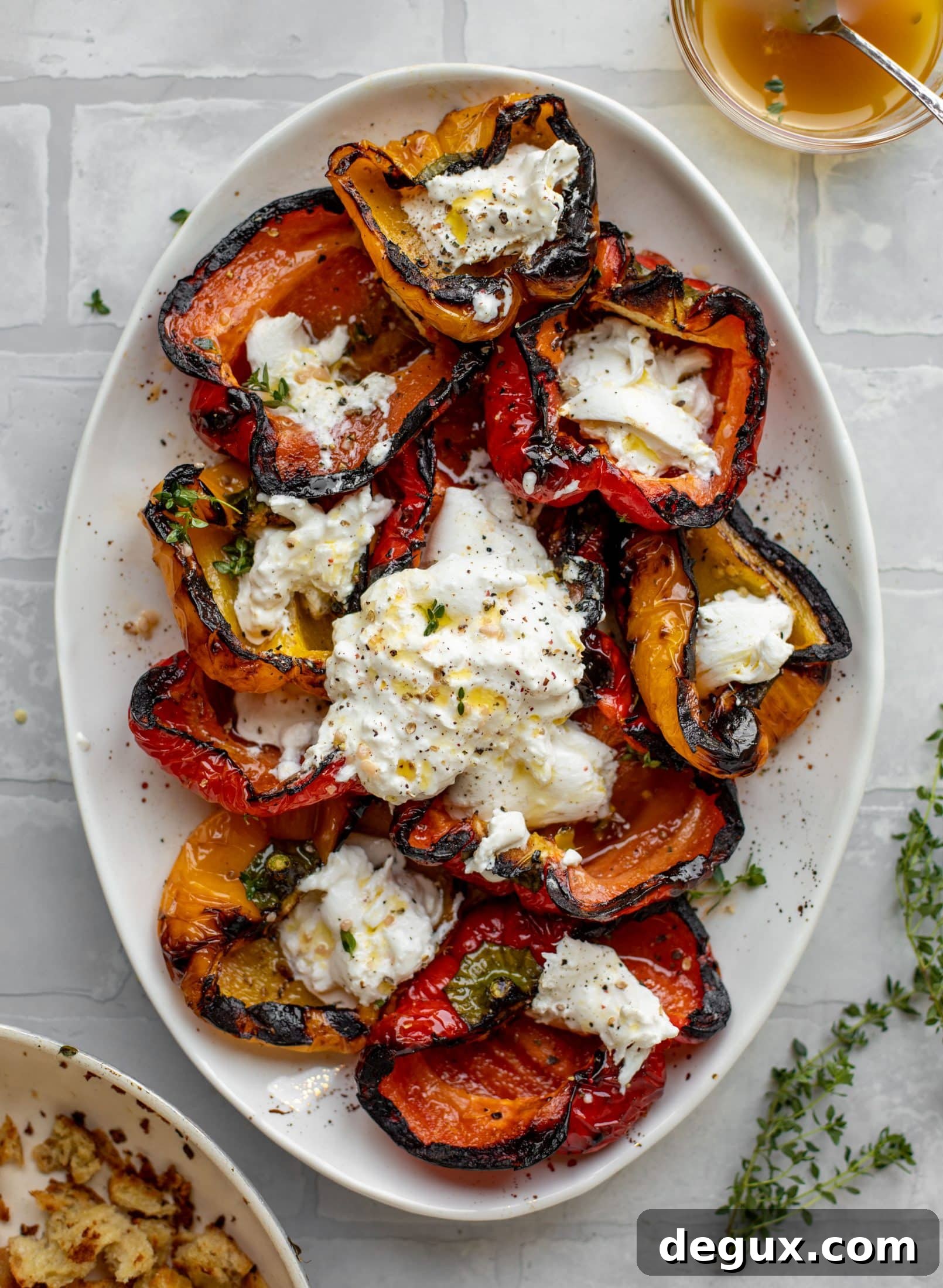 grilled marinated peppers with burrata on top