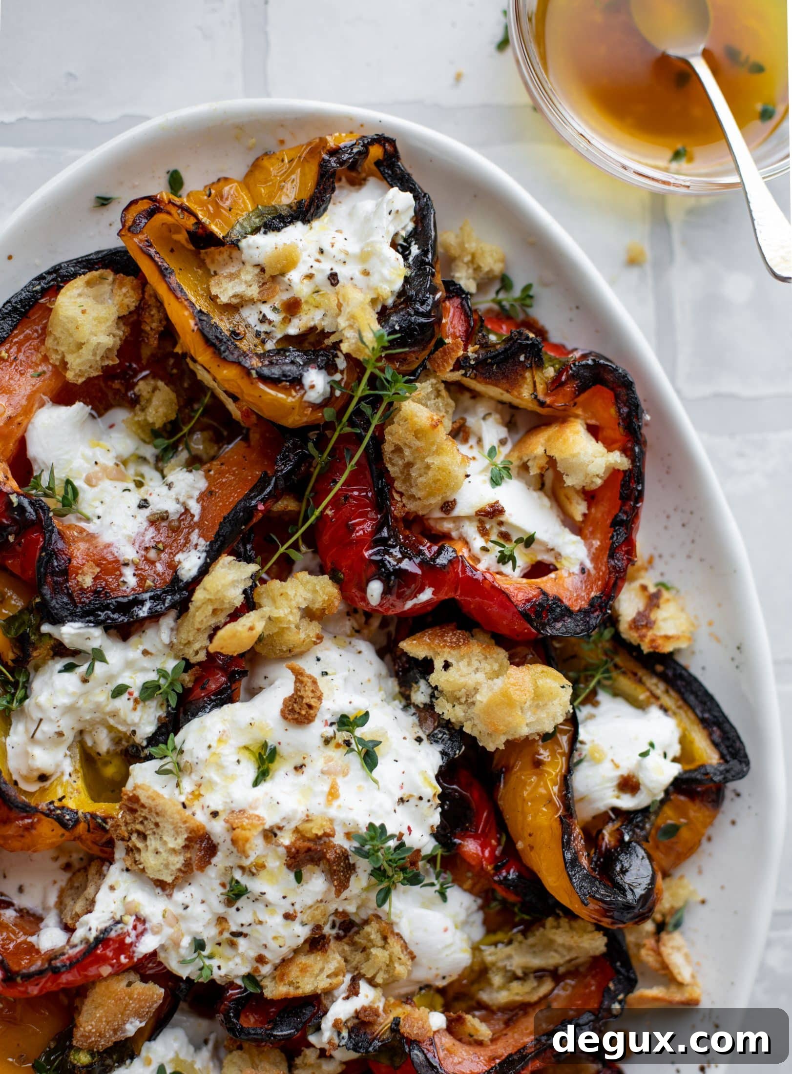 grilled peppers with burrata and sourdough breadcrumbs