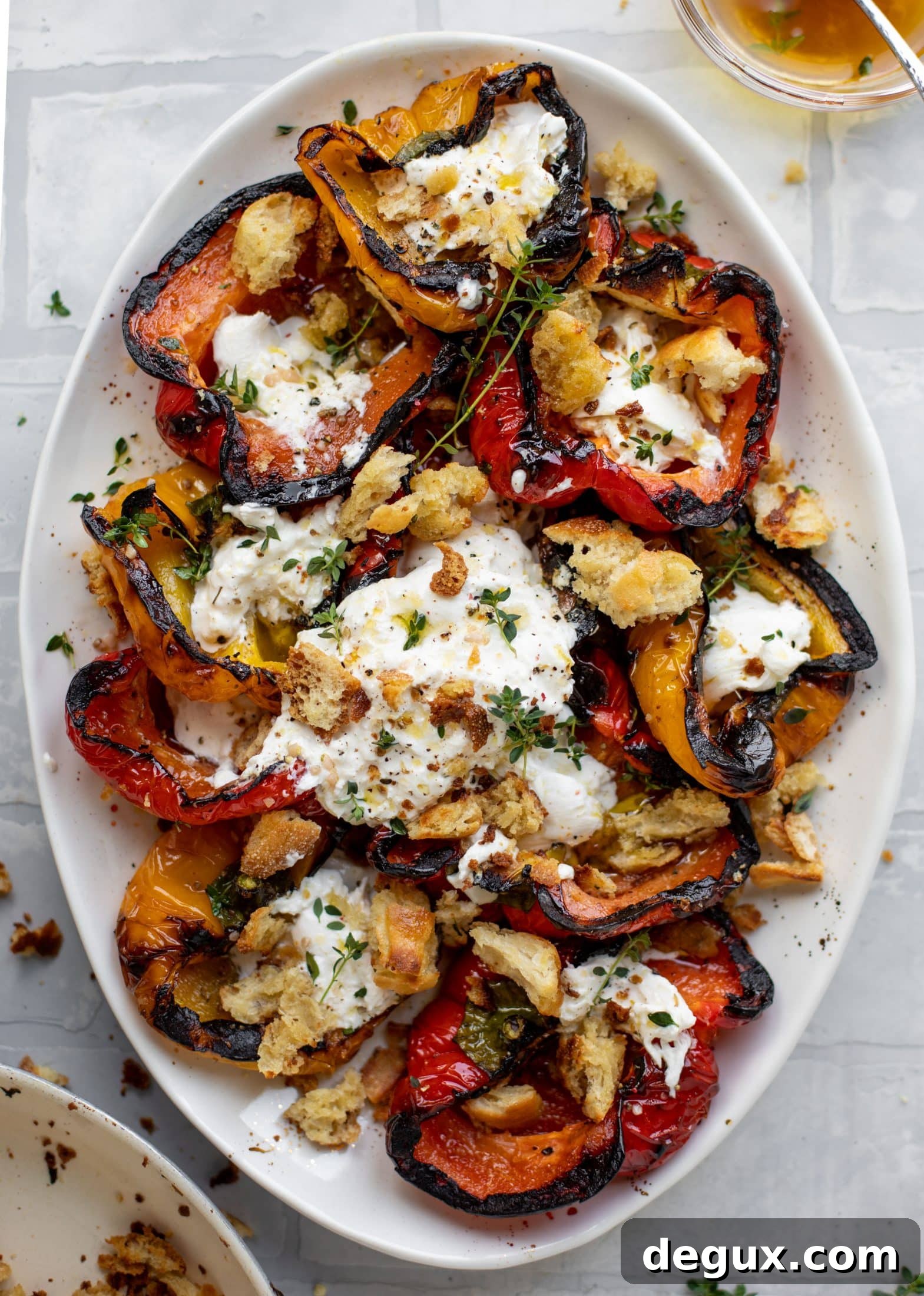 grilled peppers with burrata and sourdough breadcrumbs
