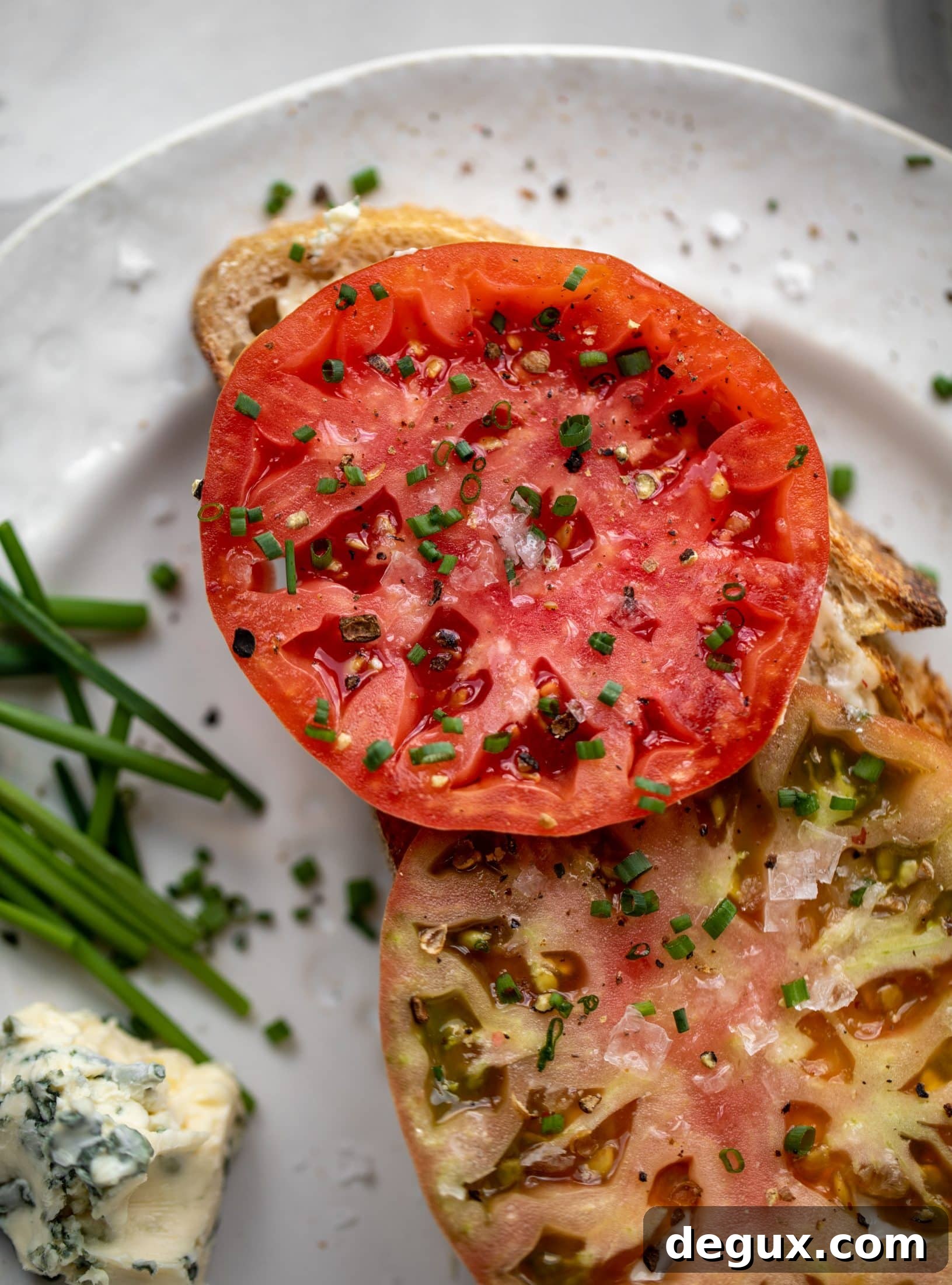 tomato toast with blue cheese mayo