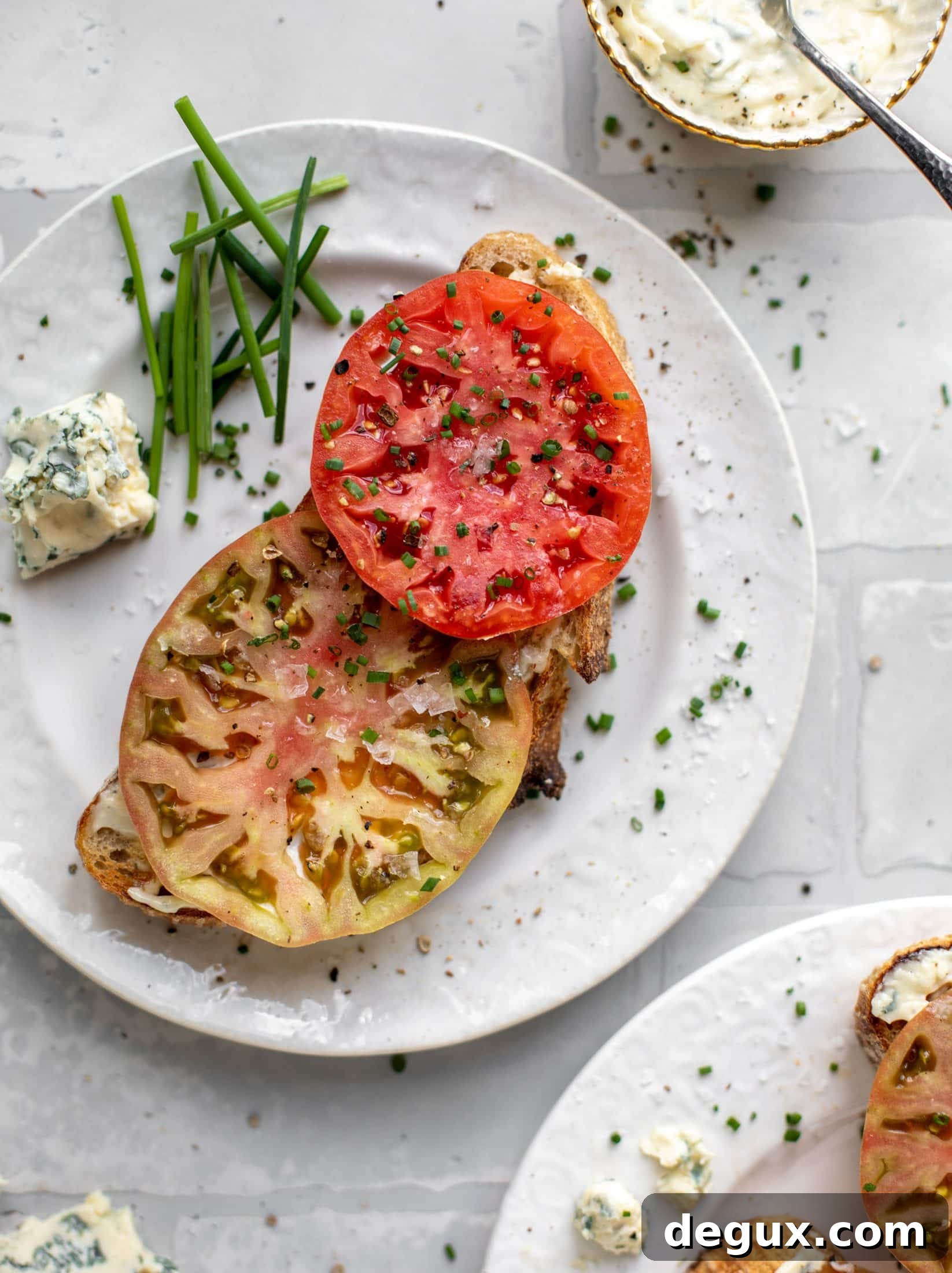 tomato toast with blue cheese mayo