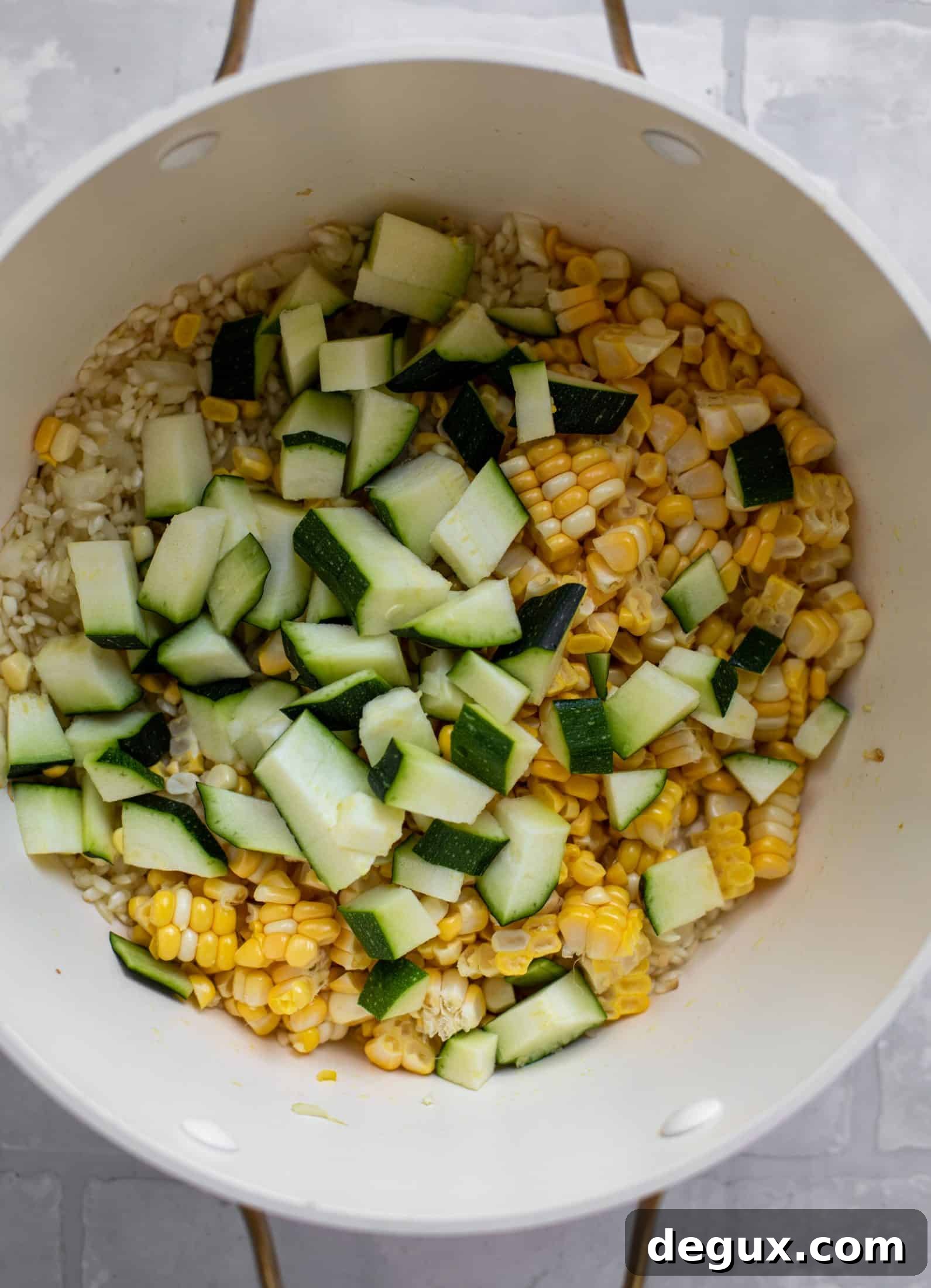 Summer Risotto-Stuffed Peppers: Light Seasonal Vegetarian Dinner 3 corn and zucchini in risotto pot