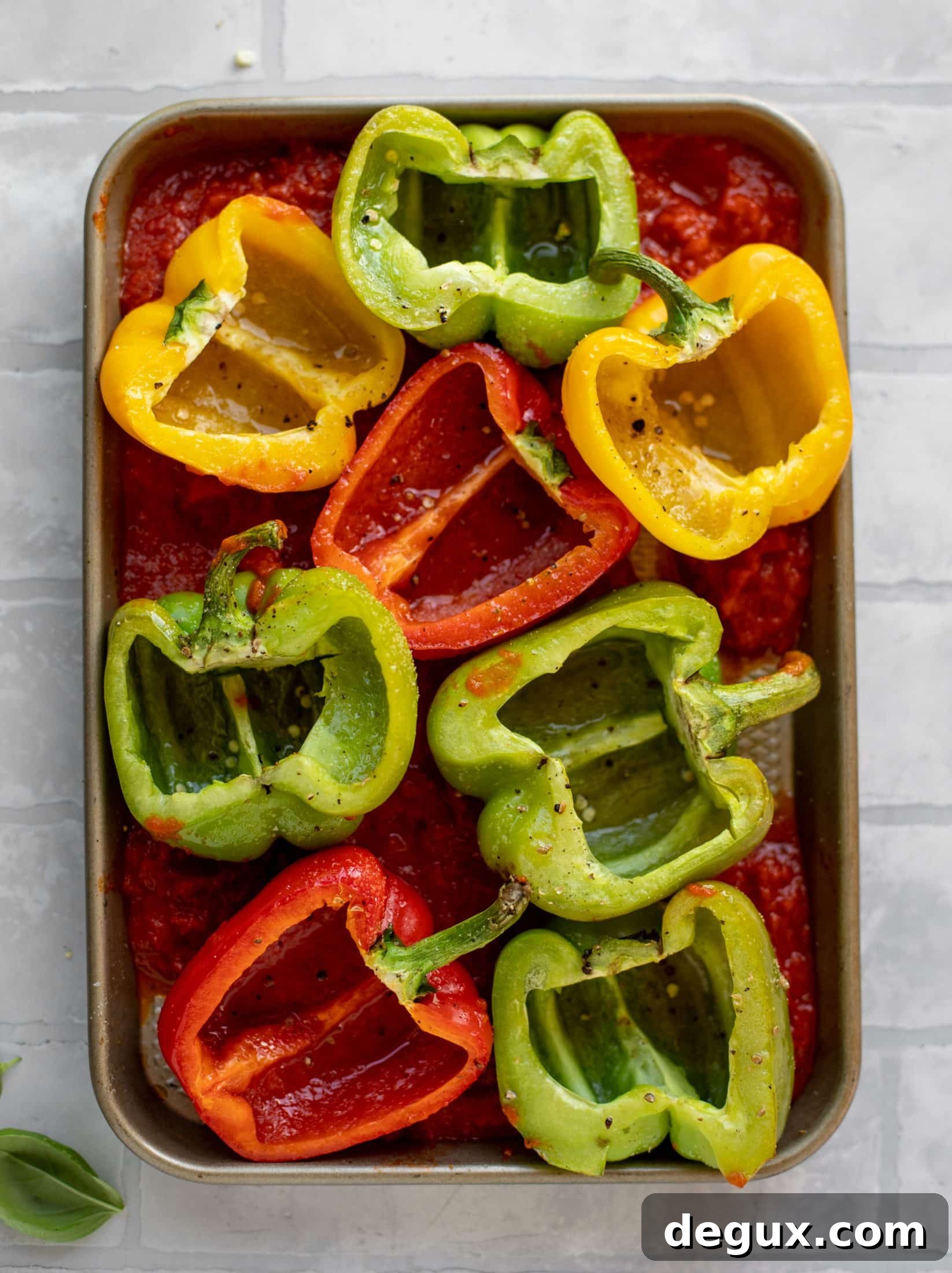 Summer Risotto-Stuffed Peppers: Light Seasonal Vegetarian Dinner 4 halved bell peppers in sauce