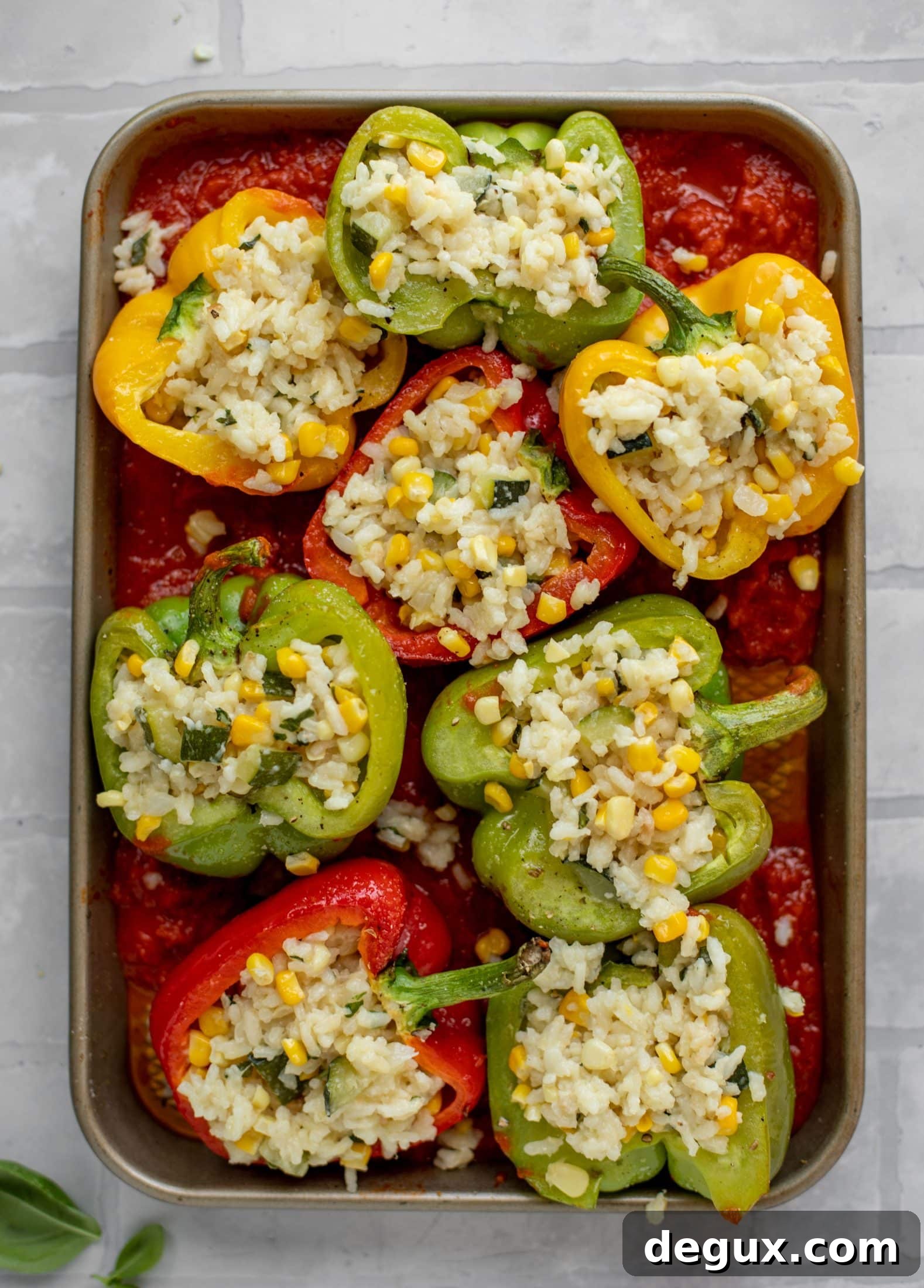 Summer Risotto-Stuffed Peppers: Light Seasonal Vegetarian Dinner 6 summer risotto stuffed peppers before baking