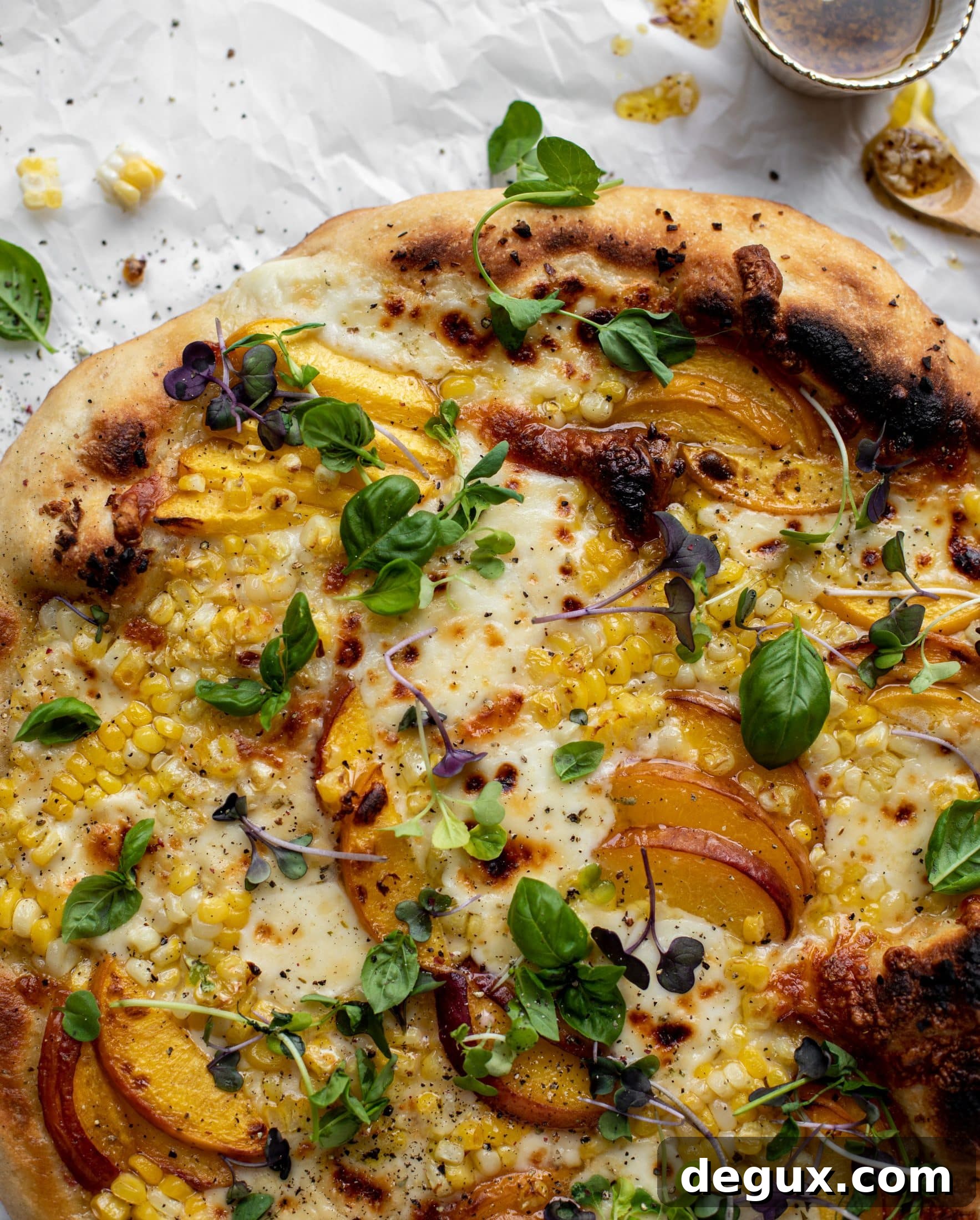 Grilled Peach Pizza with Corn & Chili Garlic Sauce Recipe 2 grilled peach pizza with corn and chili garlic oil