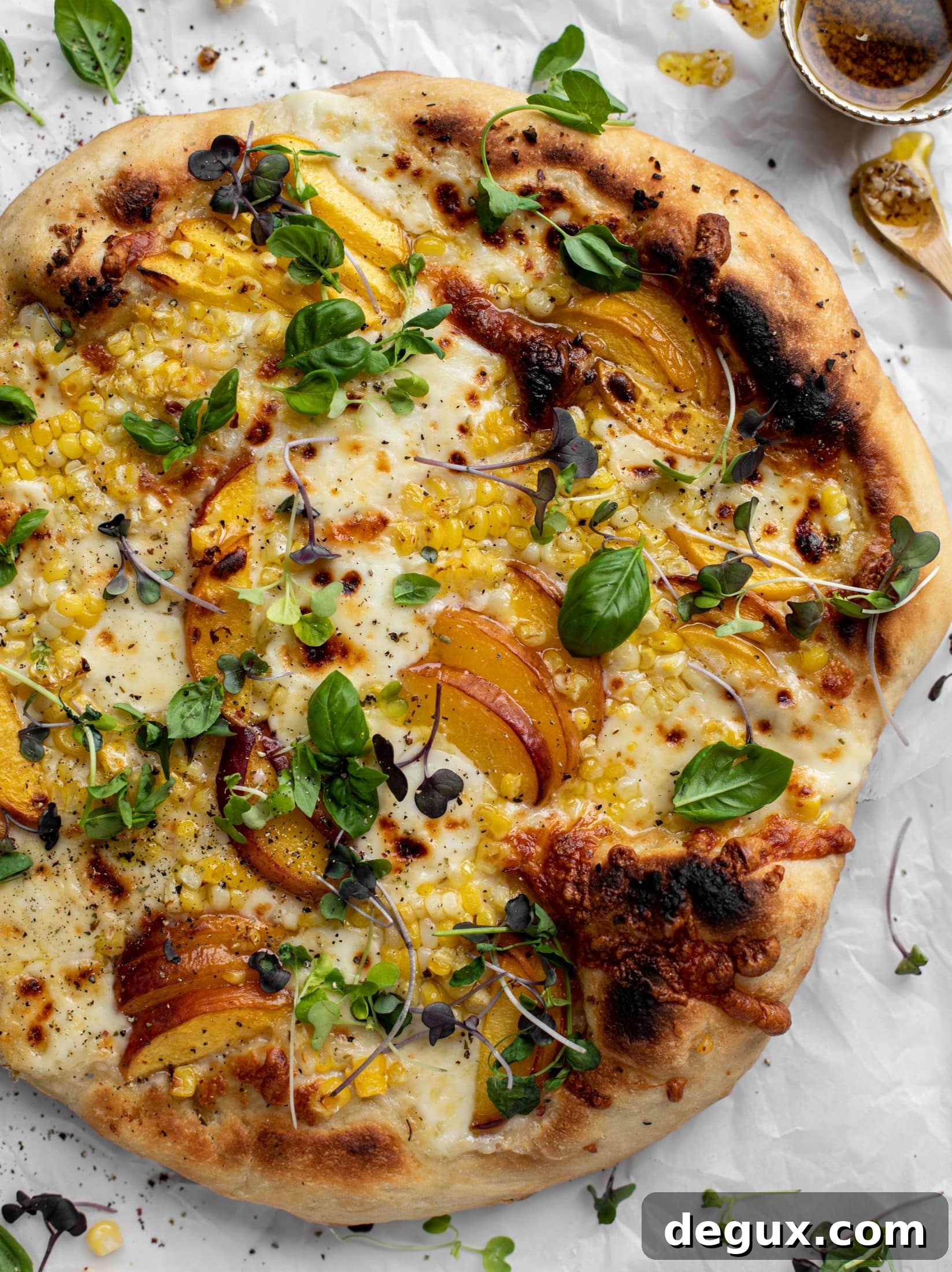 Grilled Peach and Corn Pizza with Chili Garlic Glaze 11 grilled peach pizza with corn and chili garlic oil