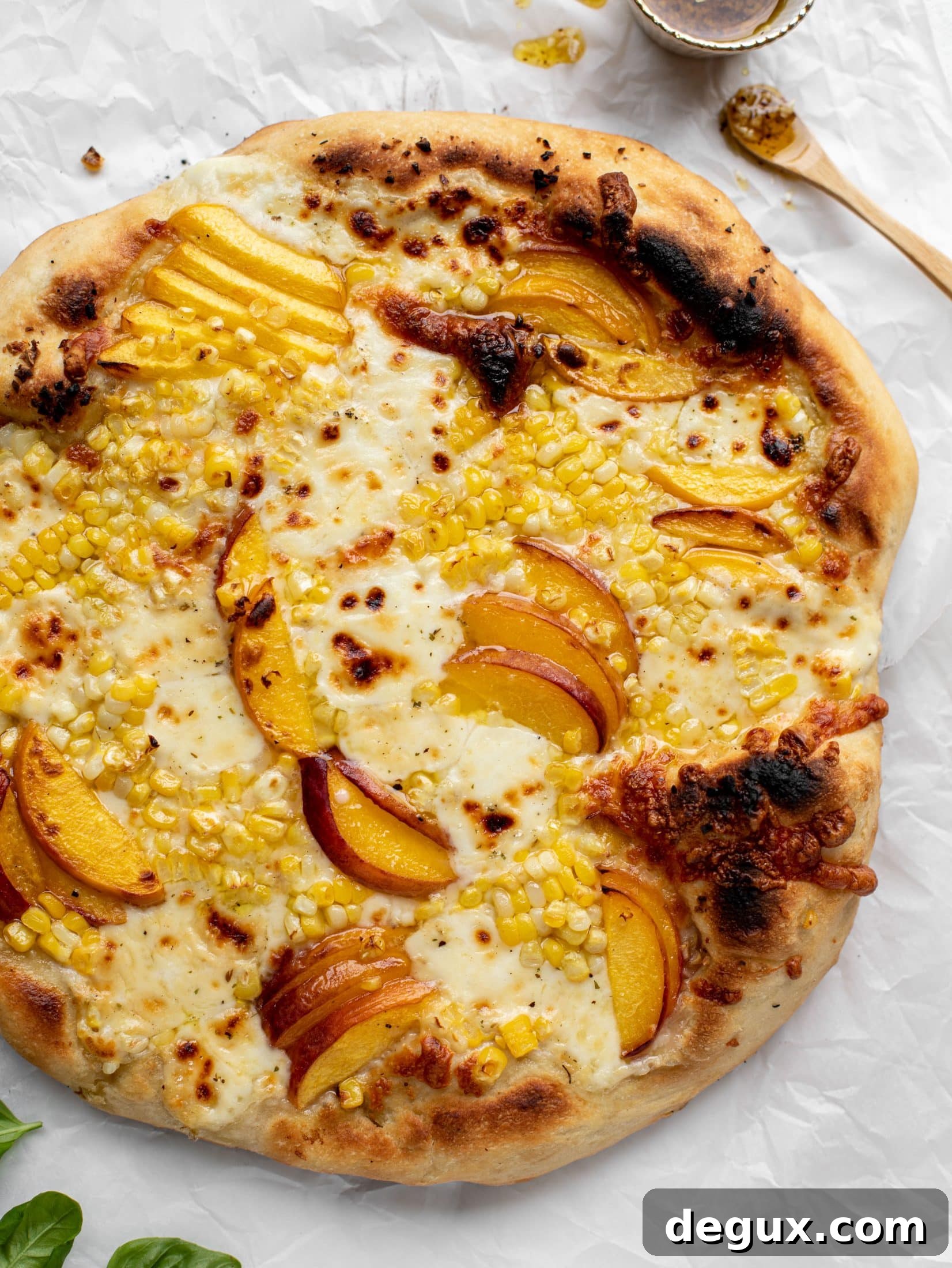 Grilled Peach and Corn Pizza with Chili Garlic Glaze 6 corn peach pizza off the grill