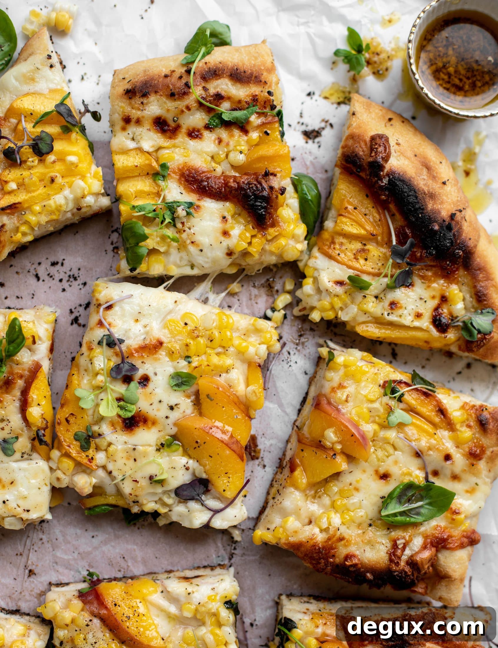 Grilled Peach Pizza with Corn & Chili Garlic Sauce Recipe 9 grilled peach pizza with corn and chili garlic oil