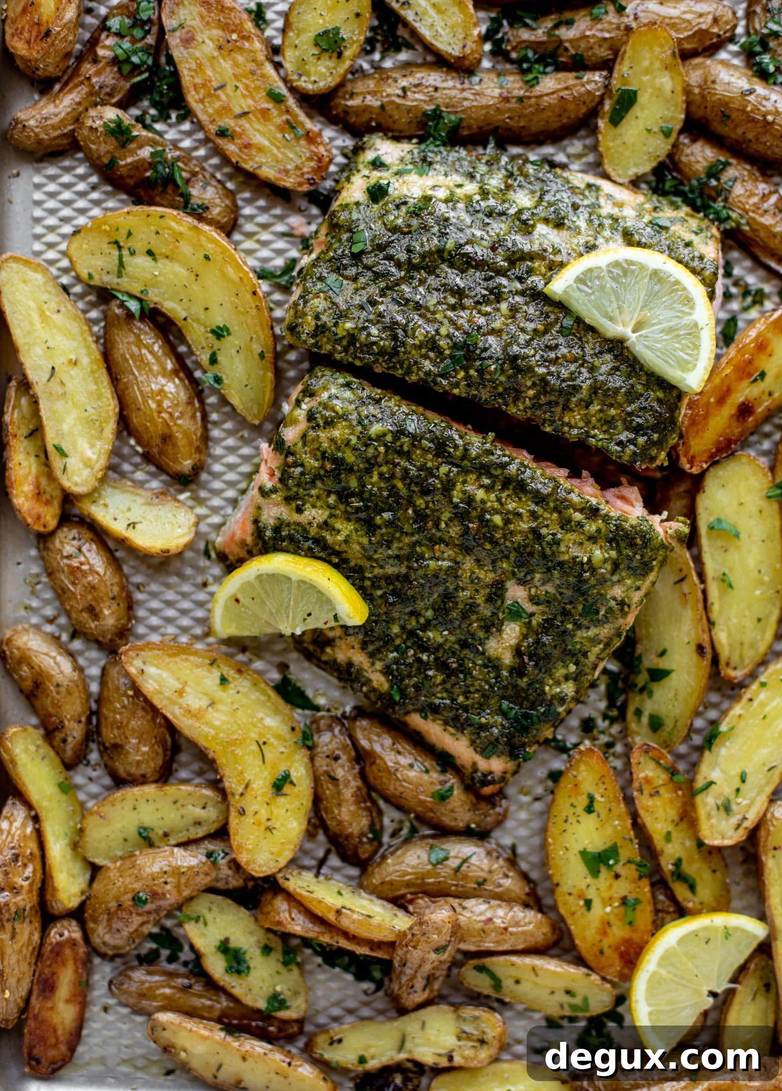sheet pan pesto salmon with lemon thyme potatoes