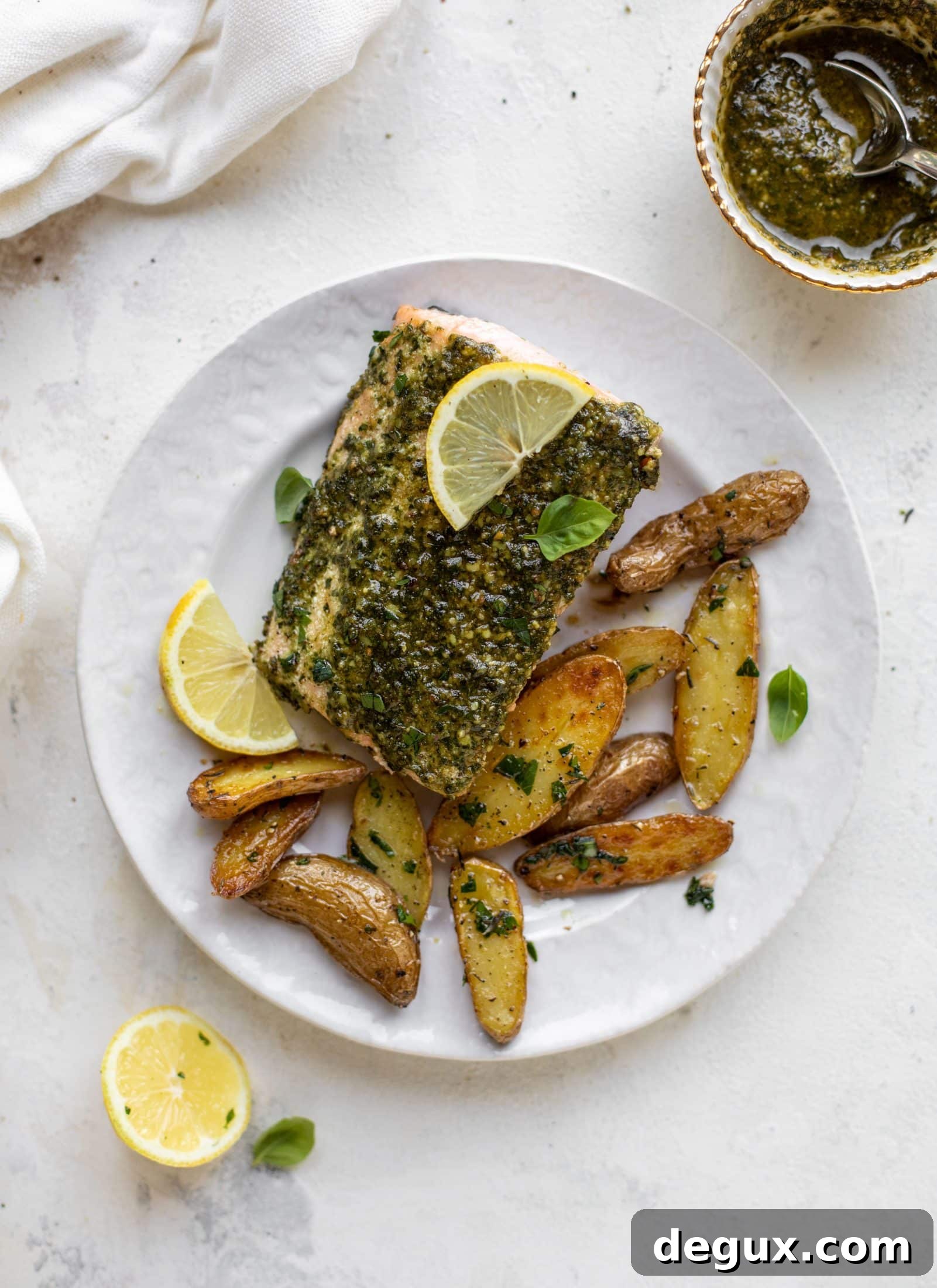 sheet pan pesto salmon with lemon thyme potatoes