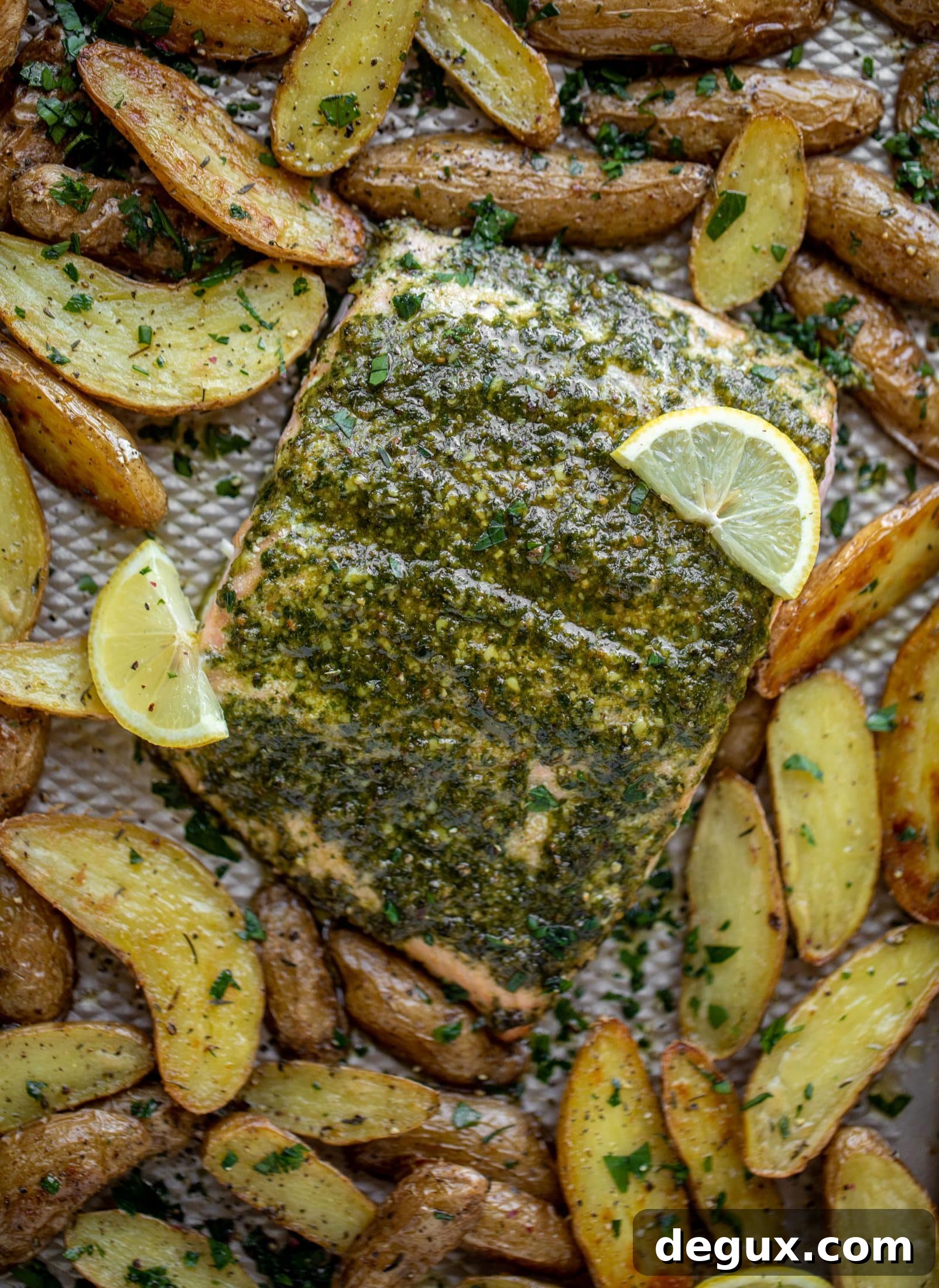 sheet pan pesto salmon with lemon thyme potatoes