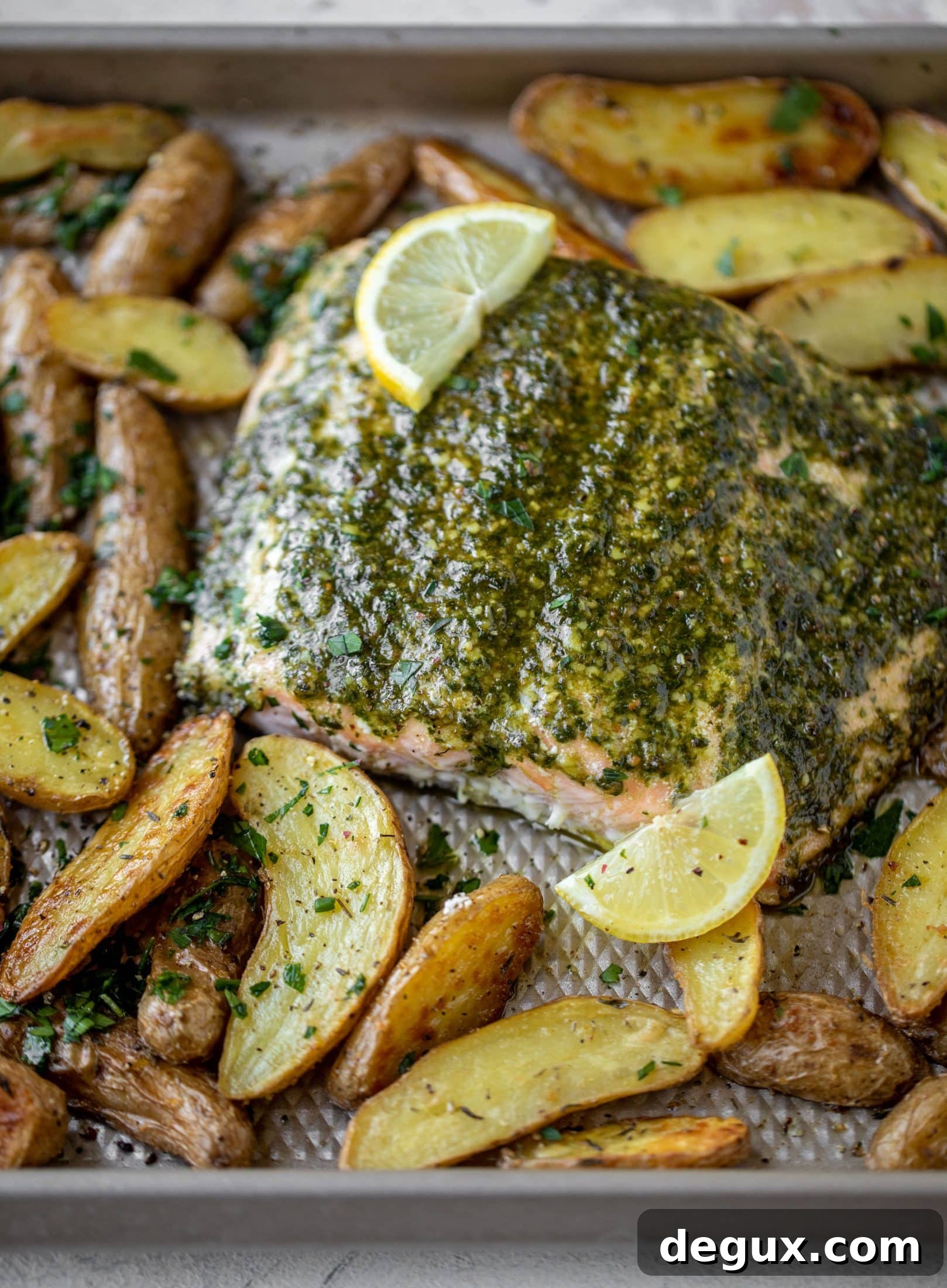 sheet pan pesto salmon with lemon thyme potatoes