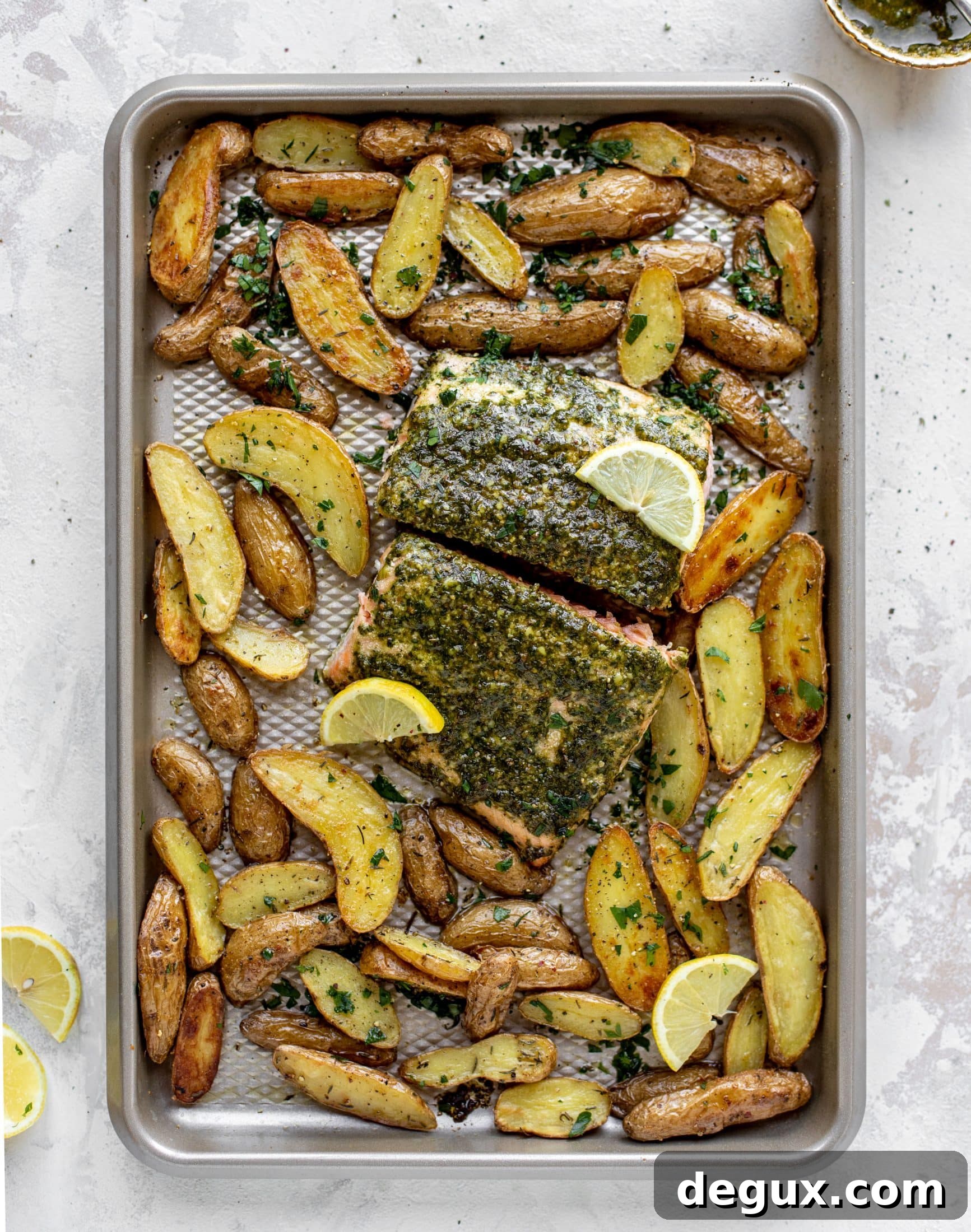 sheet pan pesto salmon with lemon thyme potatoes
