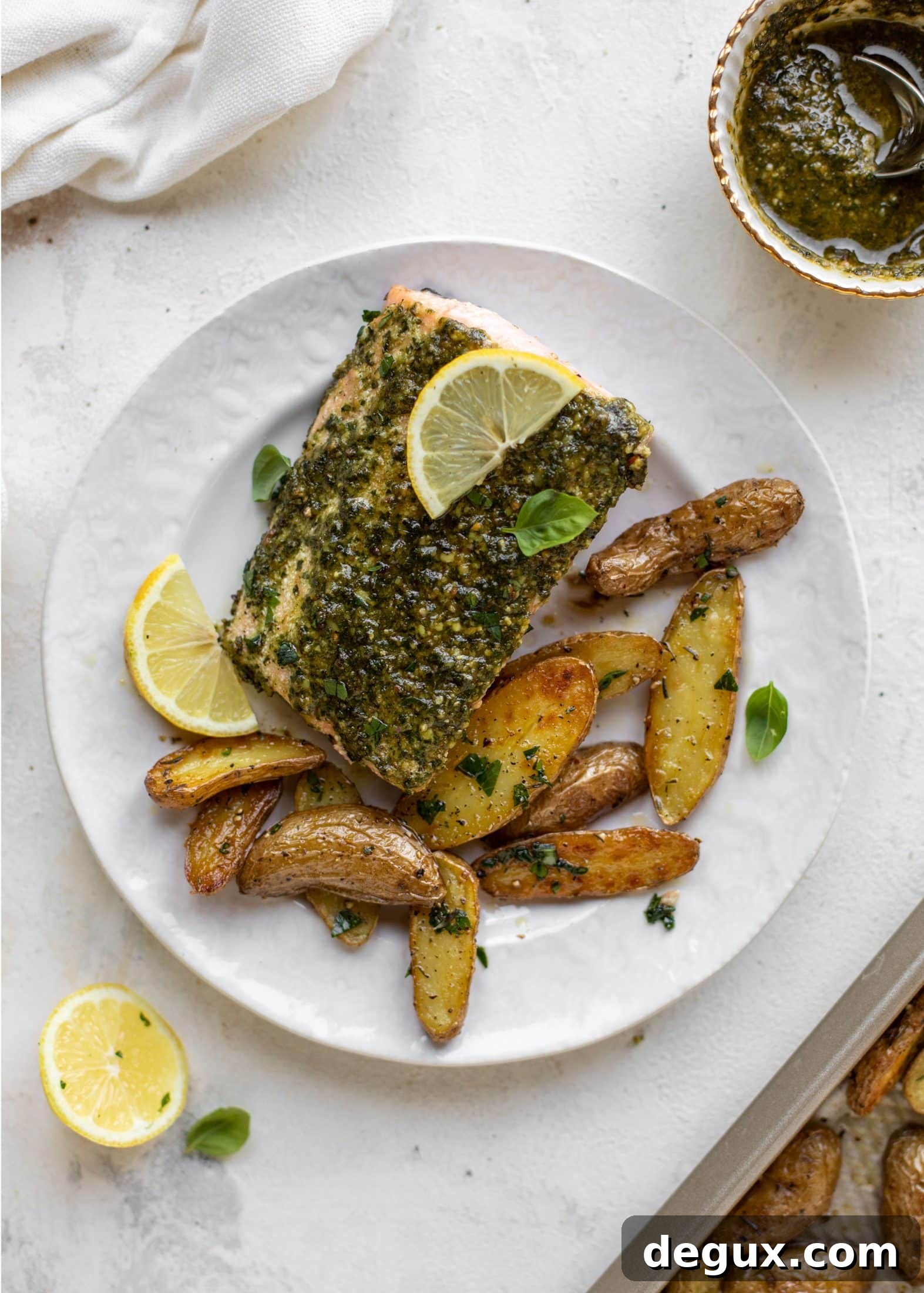 sheet pan pesto salmon with lemon thyme potatoes