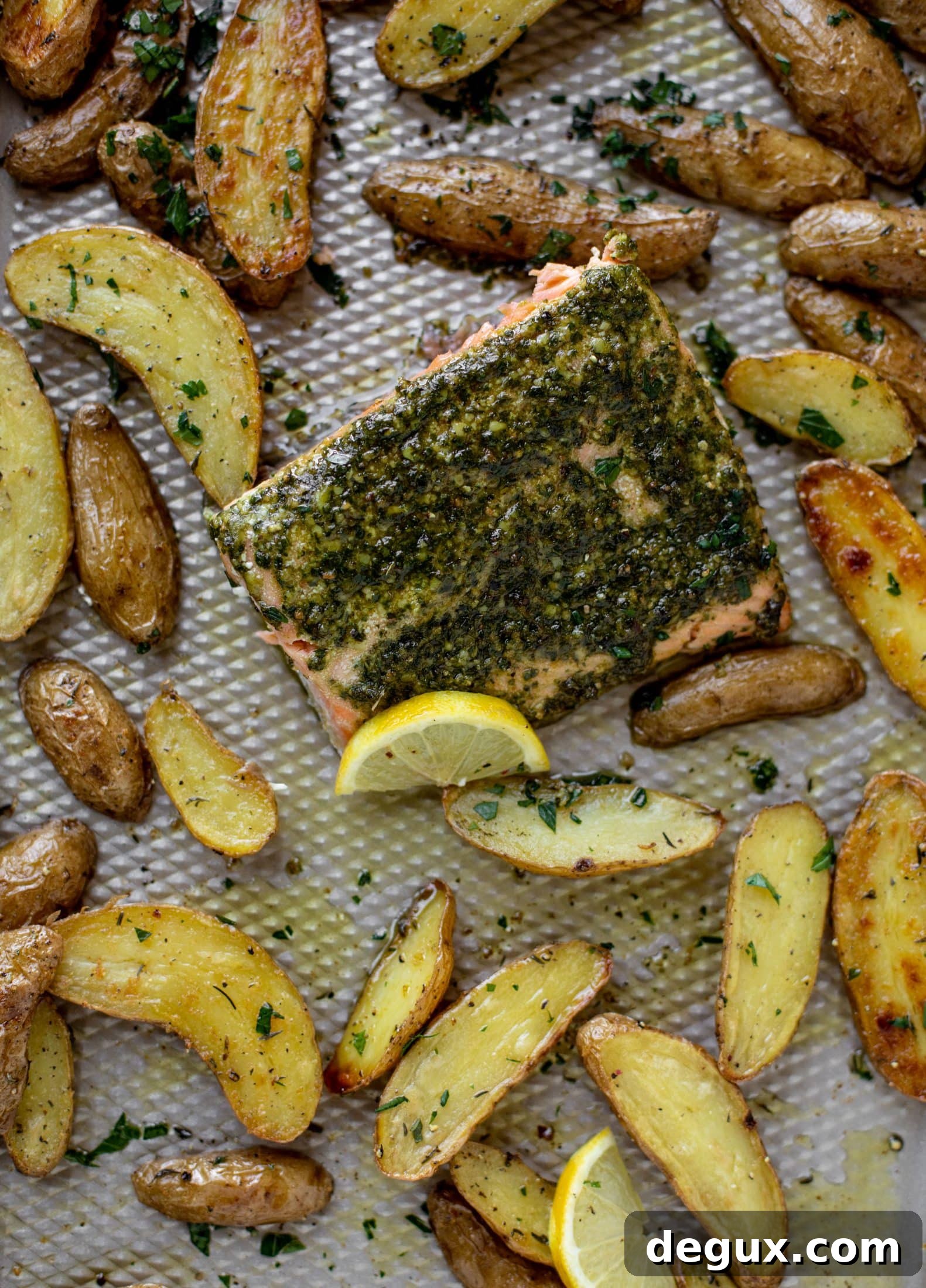 sheet pan pesto salmon with lemon thyme potatoes