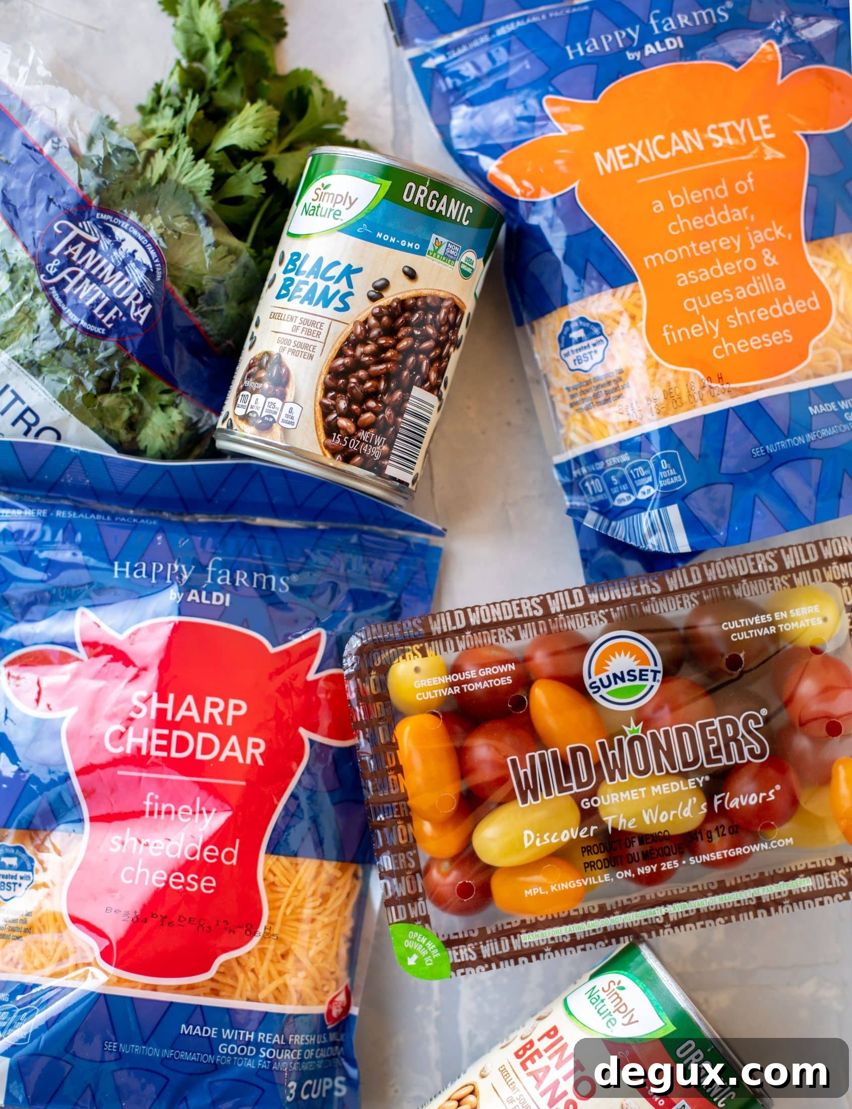 beans, cheese and produce from ALDI
