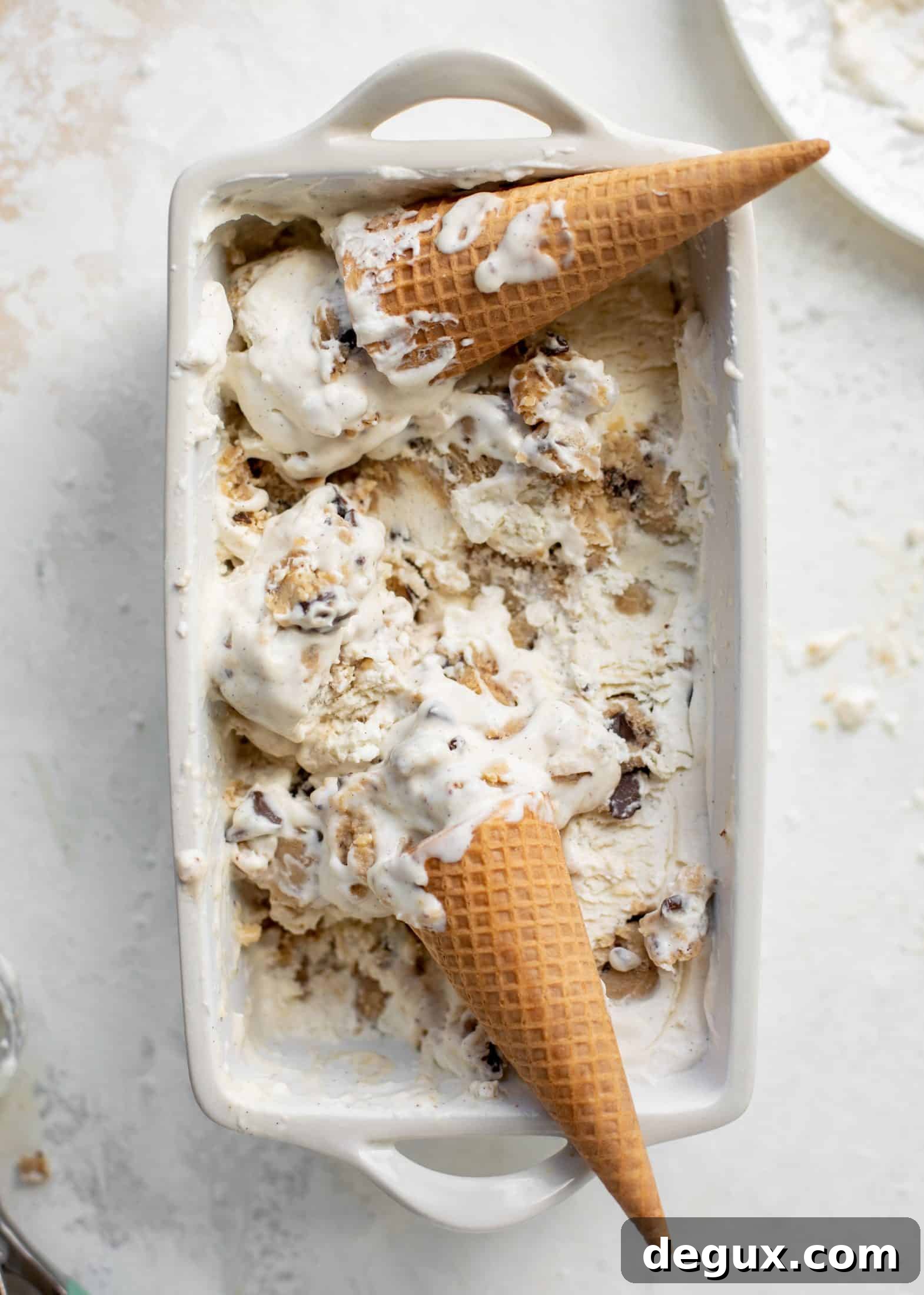 Salted Chocolate Chip Cookie Dough No-Churn Ice Cream 9 container of no churn salted chocolate chip cookie dough ice cream with cones