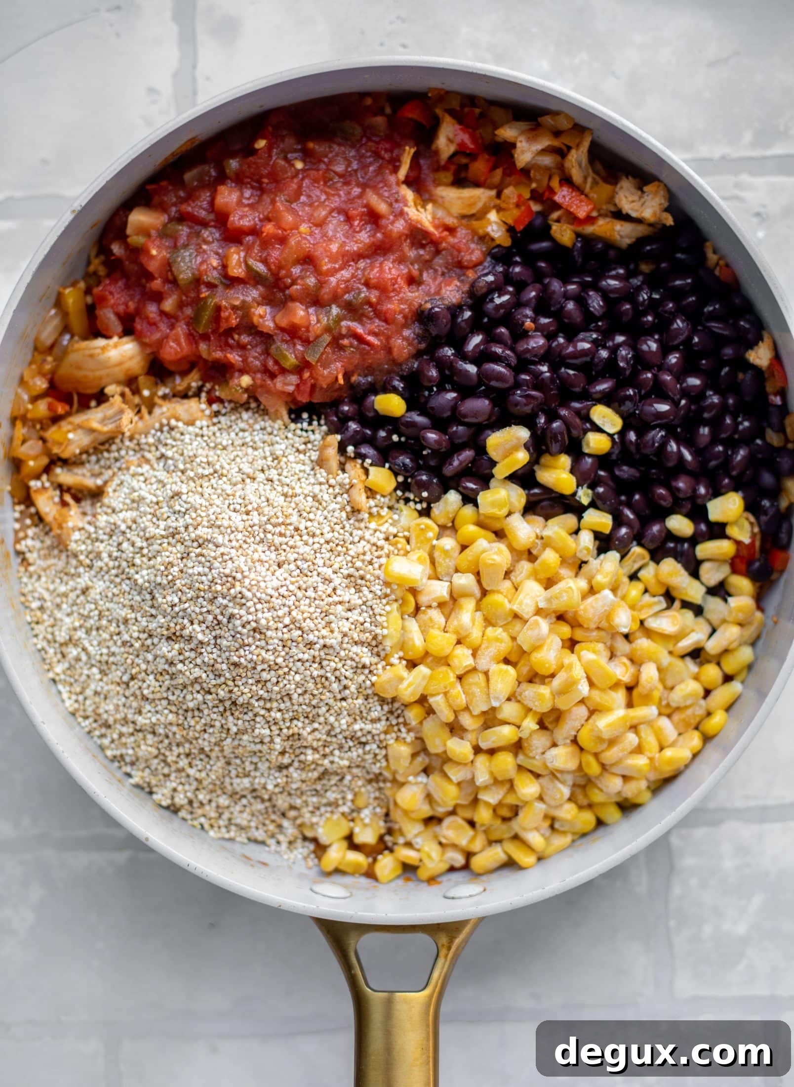 quinoa, corn, chicken, beans and salsa