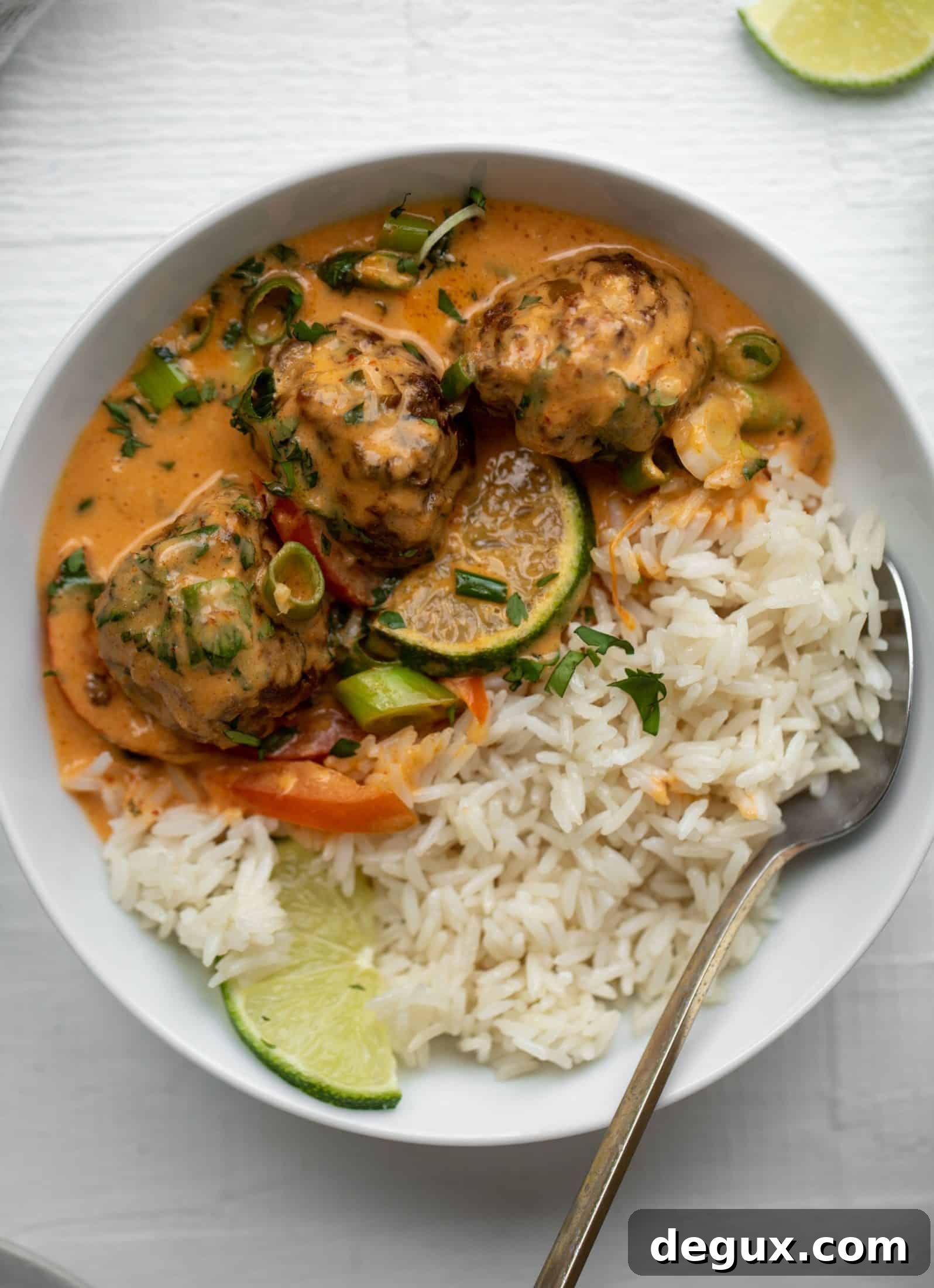 coconut curry pork meatballs with jasmine rice