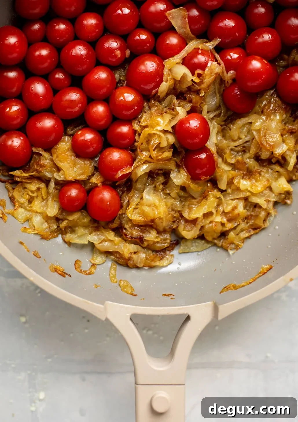 Caramelized Onion and Burst Tomato Pasta Skillet Recipe 3 caramelized onions and cherry tomatoes