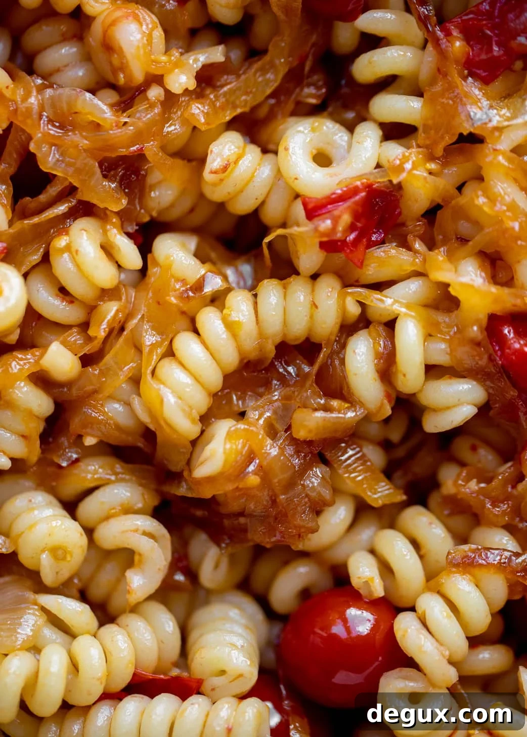 Caramelized Onion and Burst Tomato Pasta Skillet Recipe 7 caramelized onion tomato pasta up close