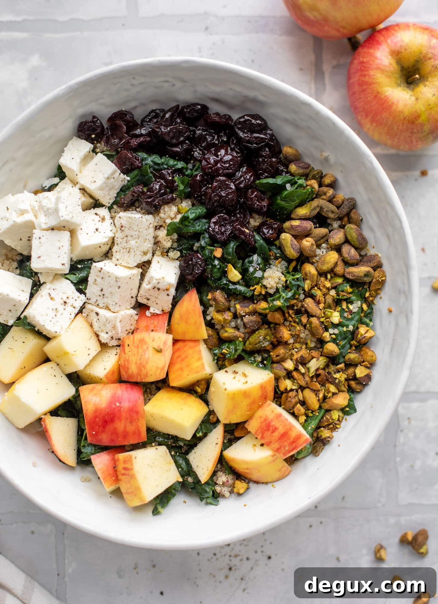 honeycrisp quinoa salad with kale and pistachios