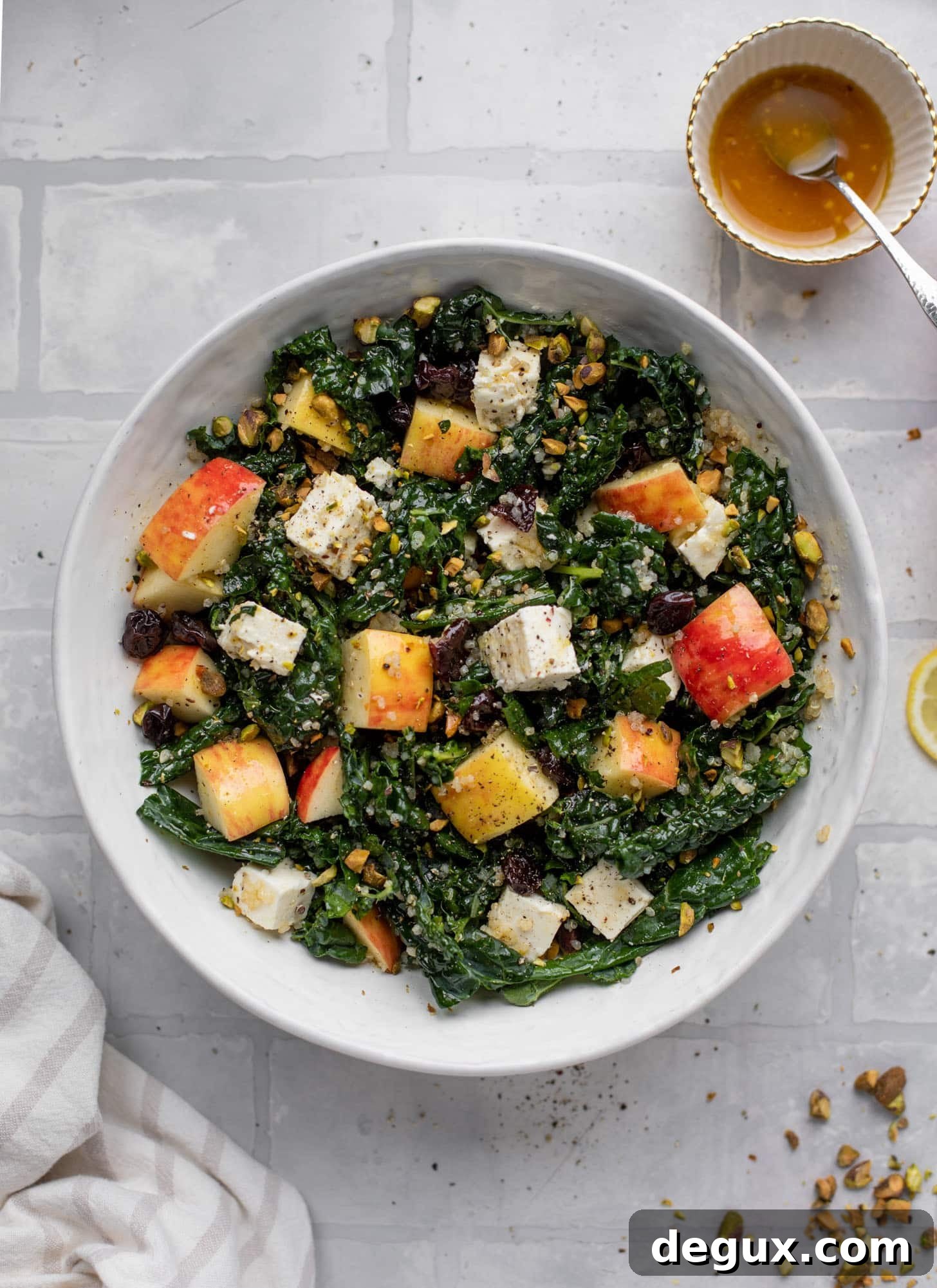 honeycrisp quinoa salad with kale and pistachios