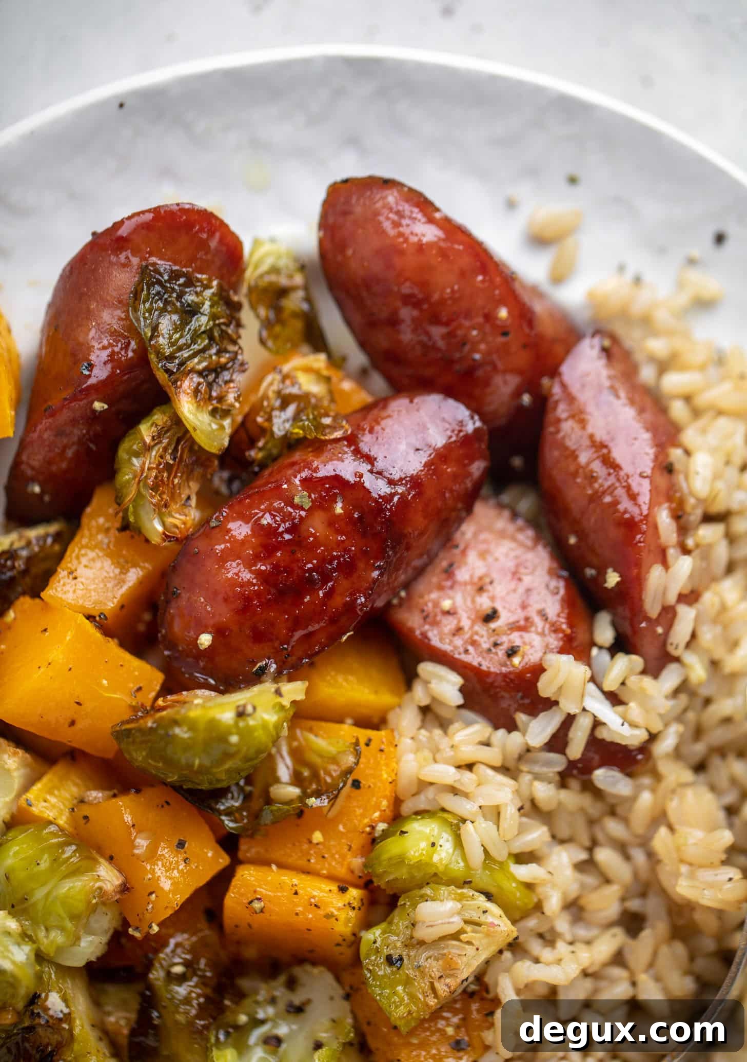 maple sheet pan smoked turkey sausage with butternut squash and brussels sprouts