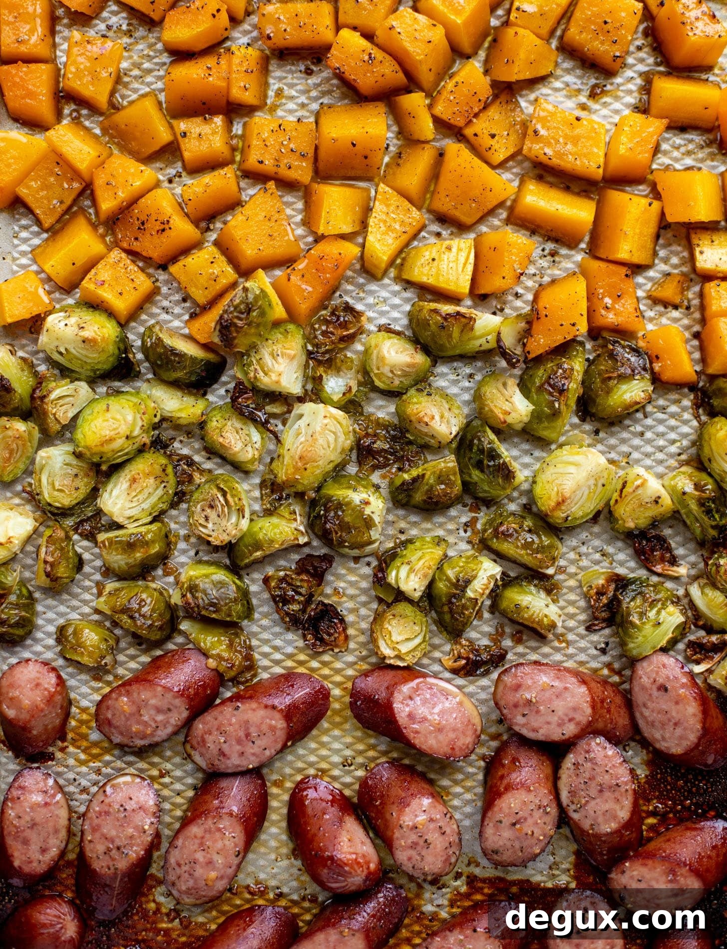 maple sheet pan smoked turkey sausage with butternut squash and brussels sprouts