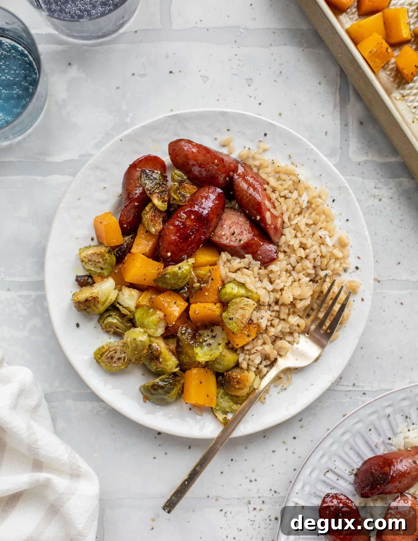 maple sheet pan smoked turkey sausage with butternut squash and brussels sprouts