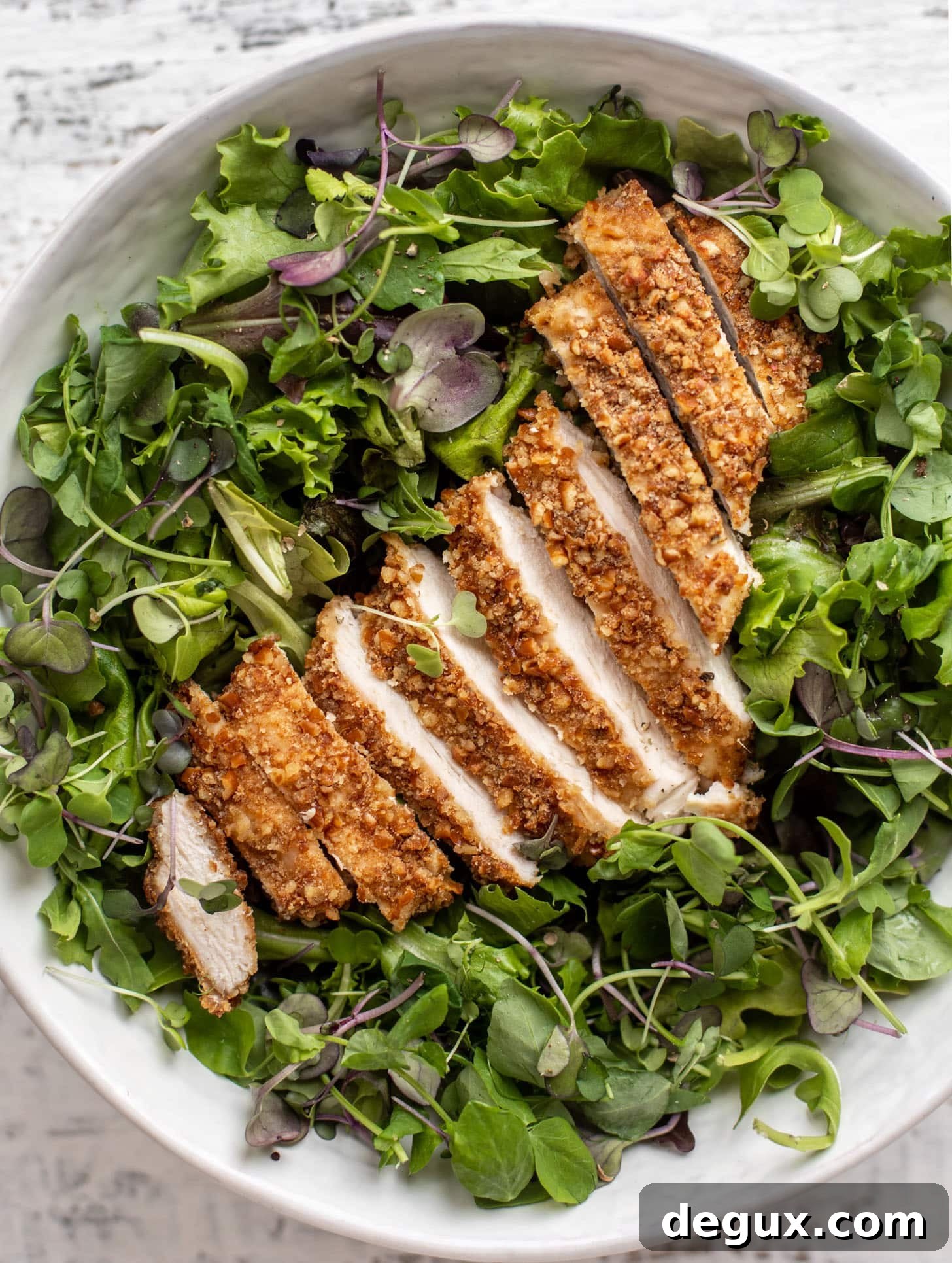 Crunchy Pretzel-Crusted Chicken Salad with Tangy Mustard Vinaigrette 5 pretzel crusted chicken on spring greens