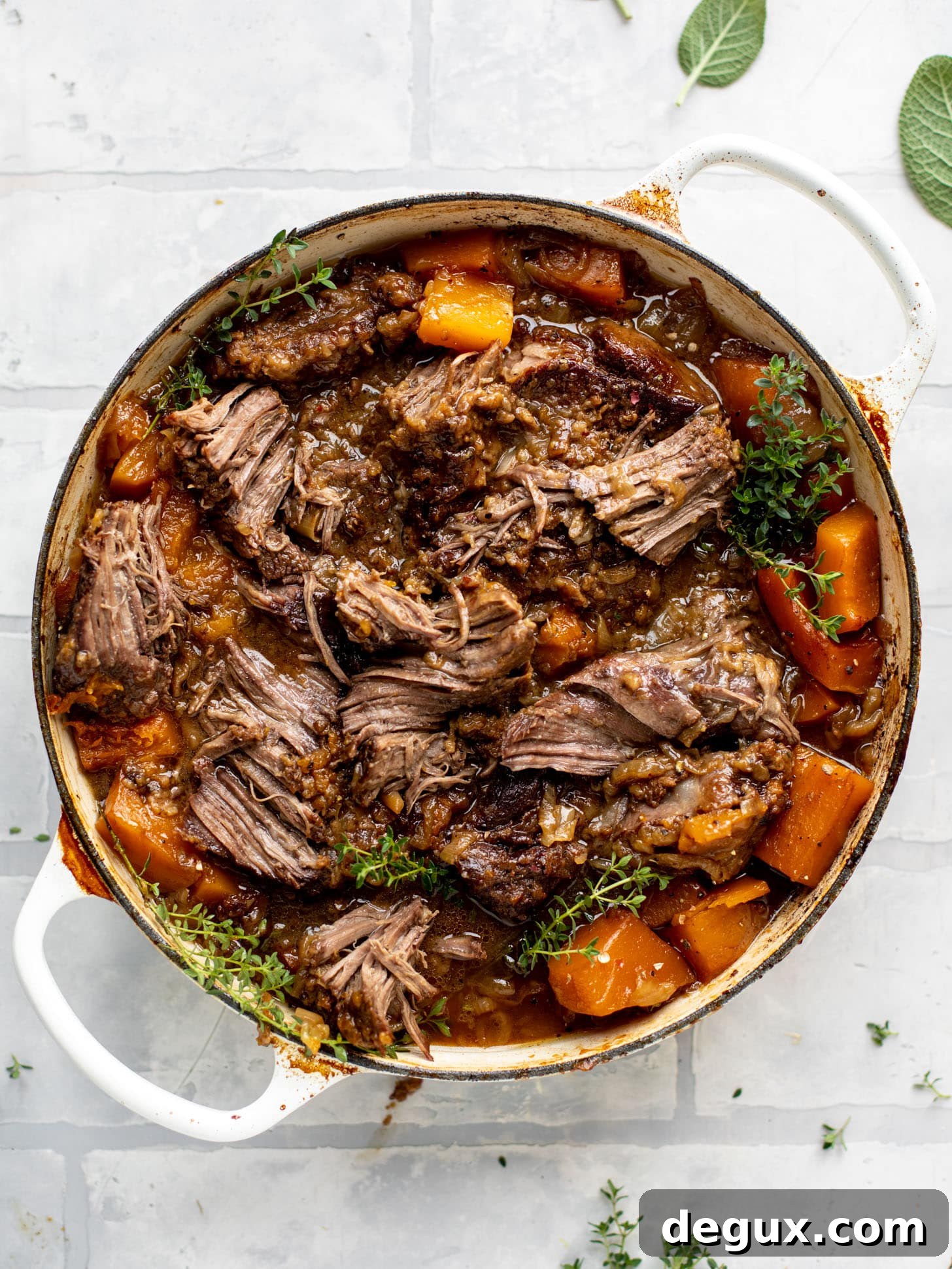 cider braised pot roast with caramelized onions and butternut squash
