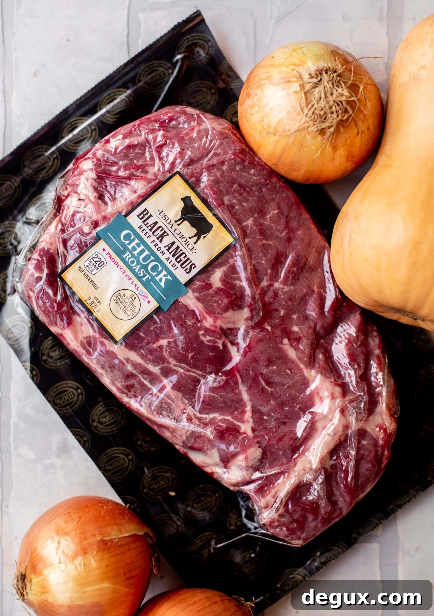 chuck roast, onions and squash