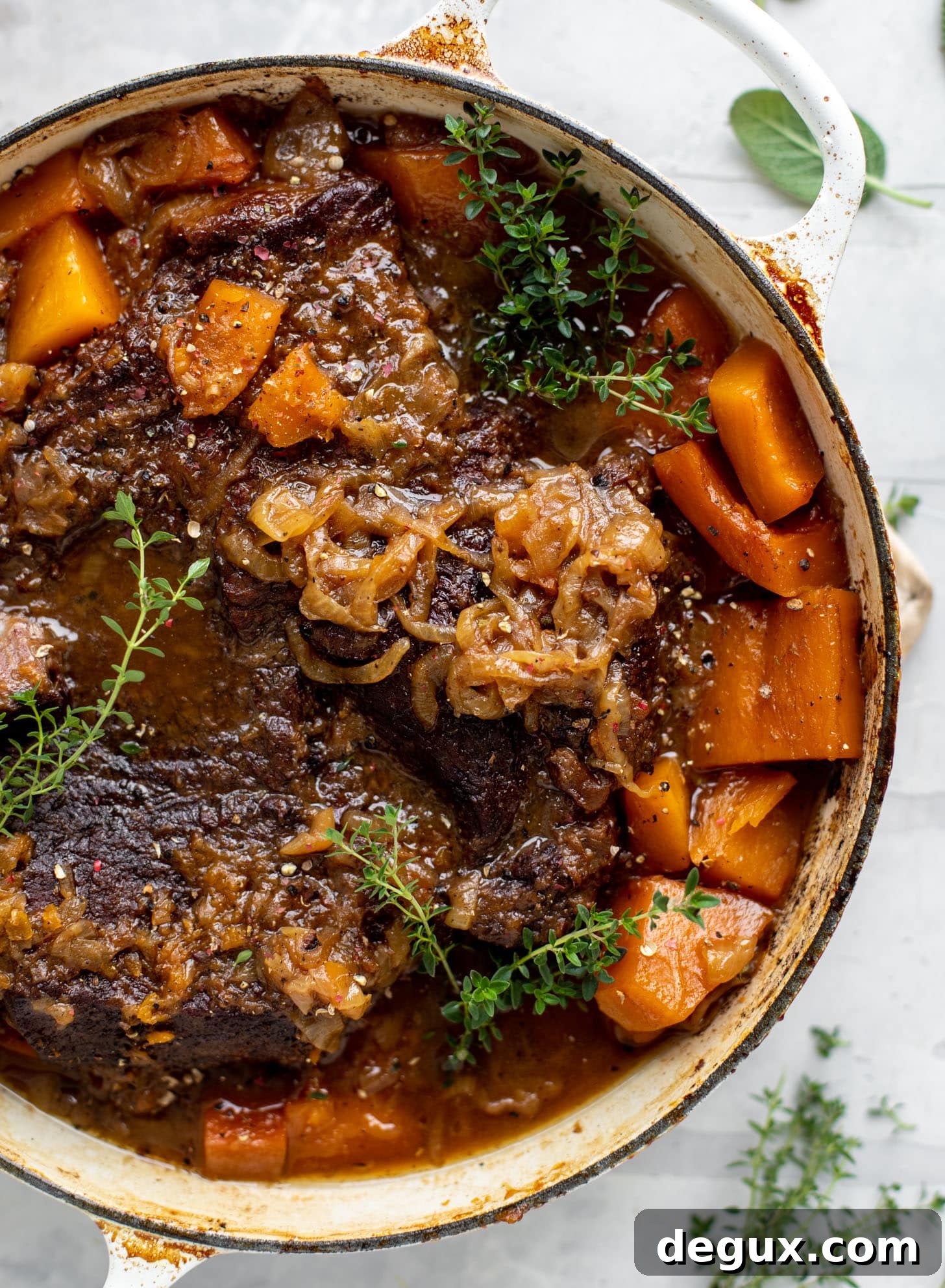 cider braised pot roast with caramelized onions and butternut squash