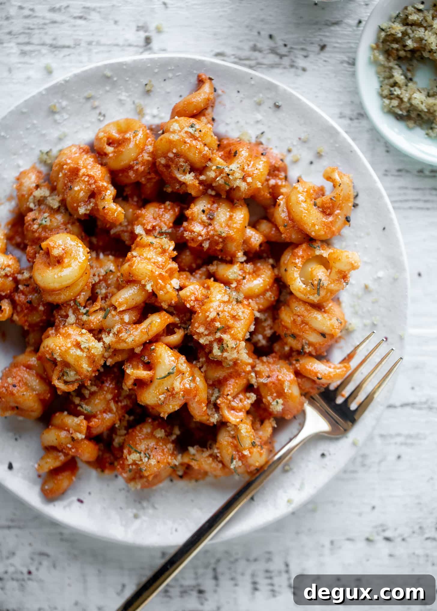 creamy vodka sauce pasta with rosemary toasted breadcrumbs