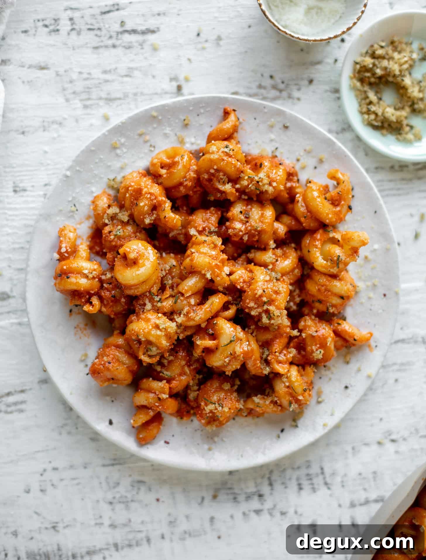 creamy vodka sauce pasta with rosemary toasted breadcrumbs