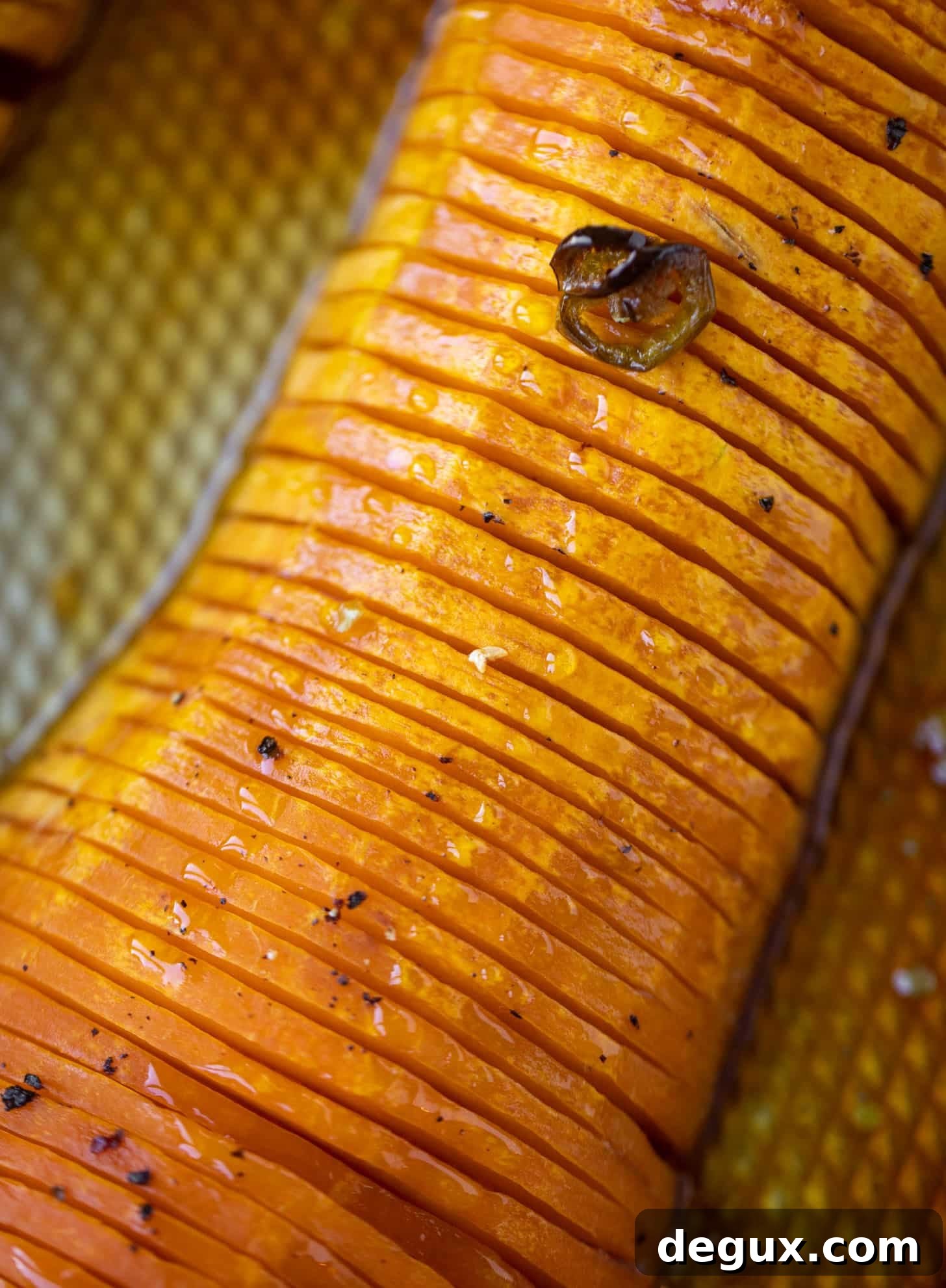 Spicy Honey Hasselback Butternut Squash with Feta & Pepitas 5 hot honey roasted hasselback butternut squash
