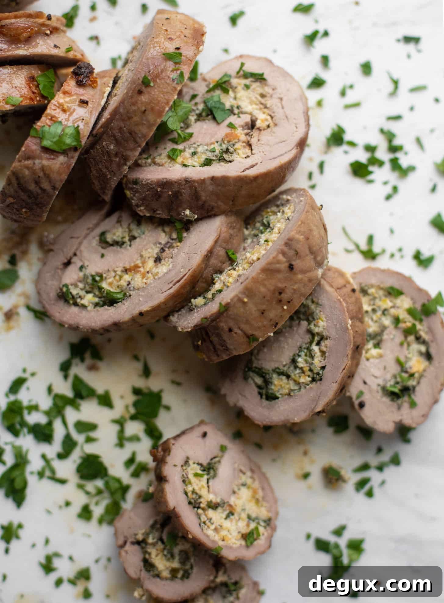 parmesan pistachio stuffed pork tenderloin with brussels sprouts