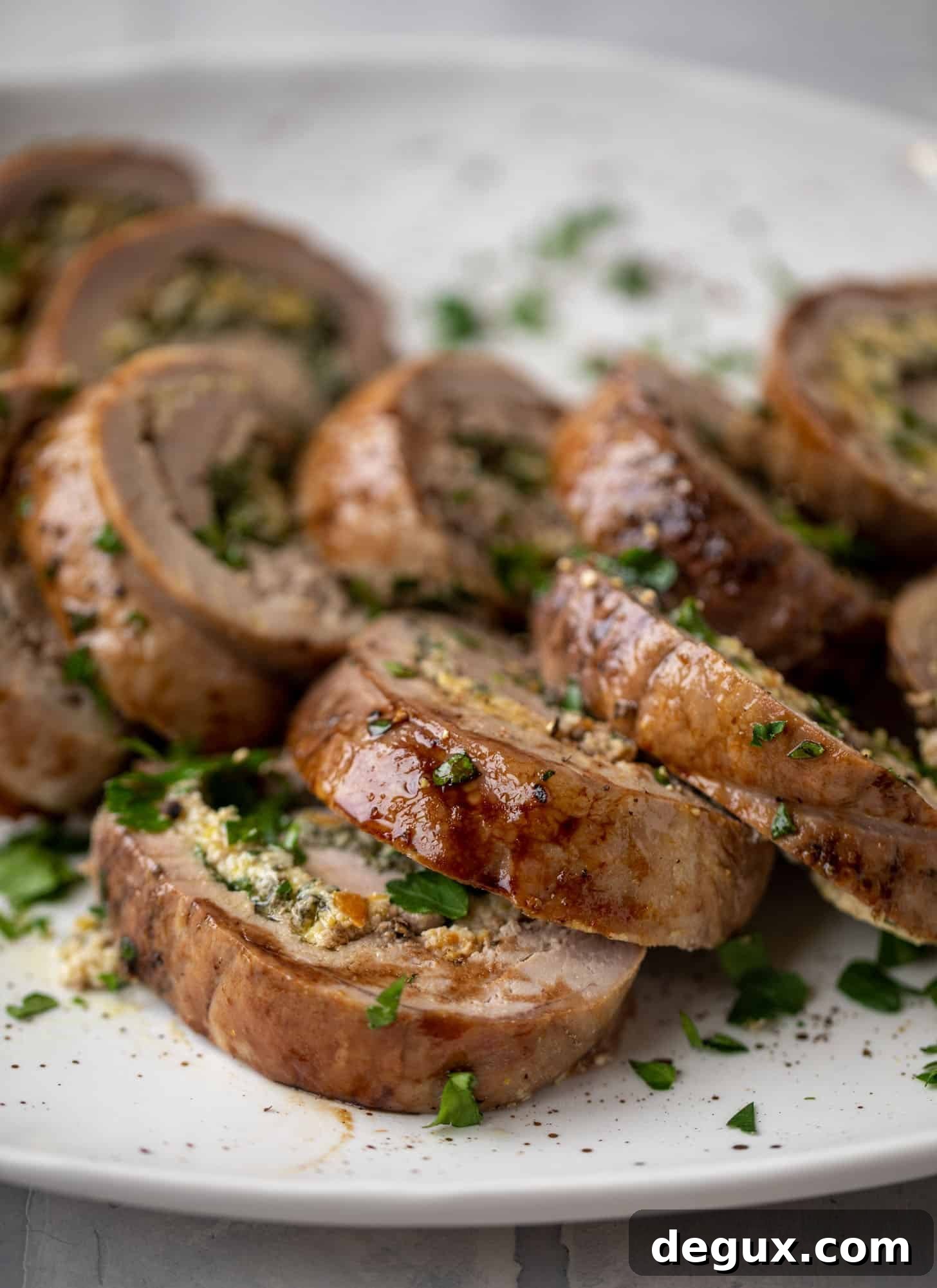 parmesan pistachio stuffed pork tenderloin with brussels sprouts