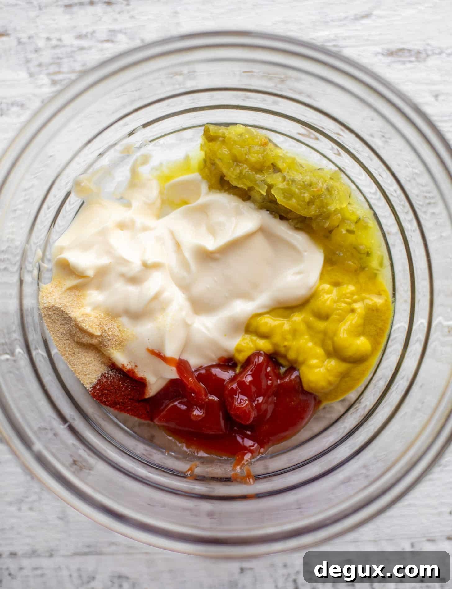 mayo, ketchup, mustard, relish