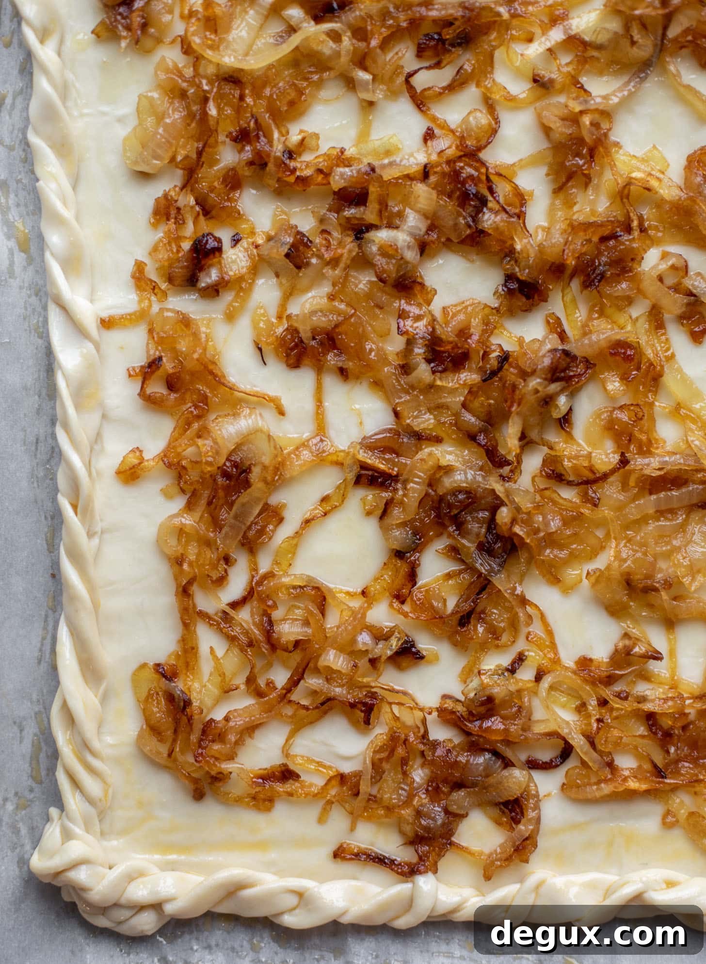 Caramelized Onion, Apple & Brie Tart Recipe — Savory-Sweet Tart 4 caramelized onions on puff pastry