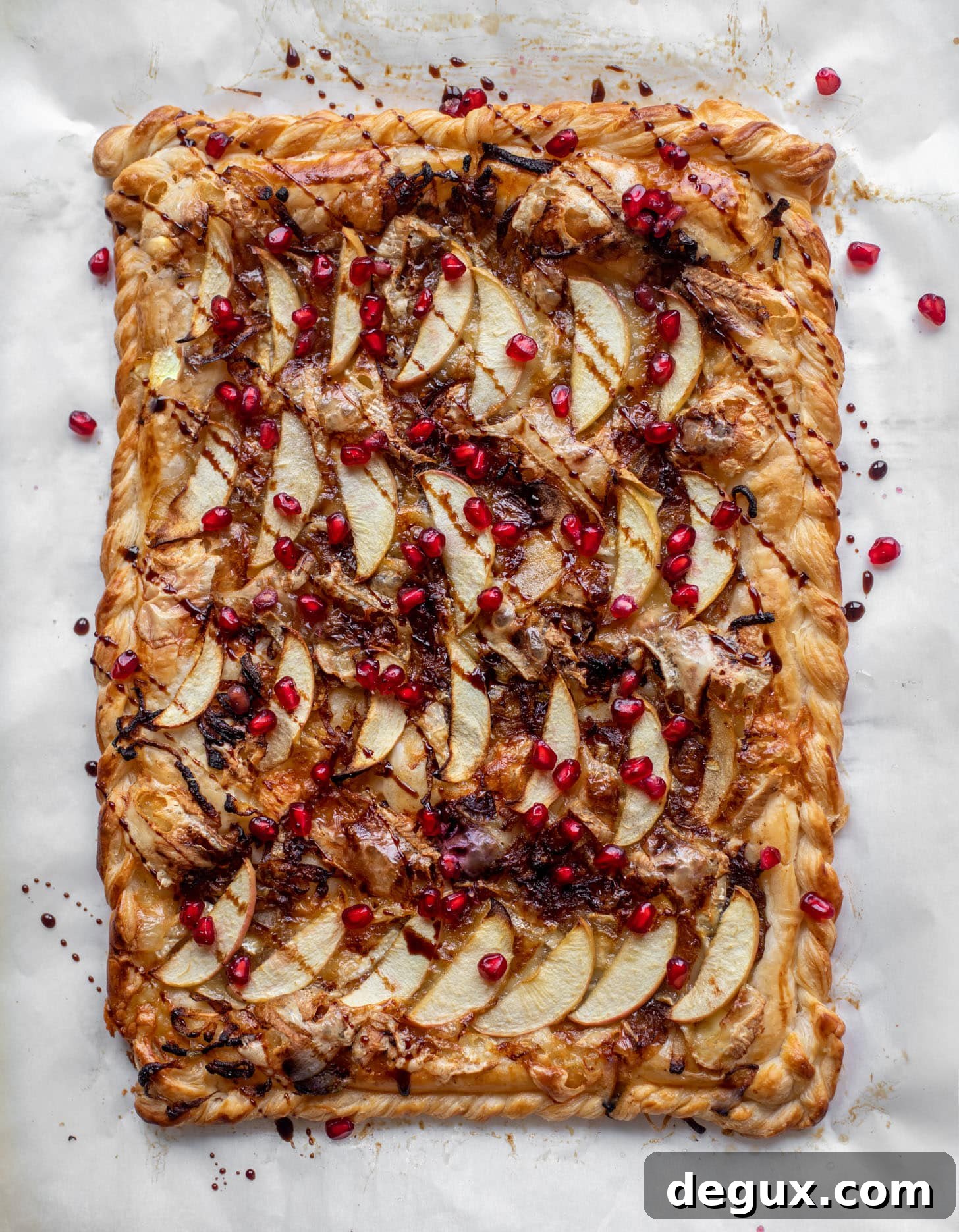 Caramelized Onion, Apple & Brie Tart Recipe — Savory-Sweet Tart 6 caramelized onion, apple and brie puff pastry tart with pomegranate molasses