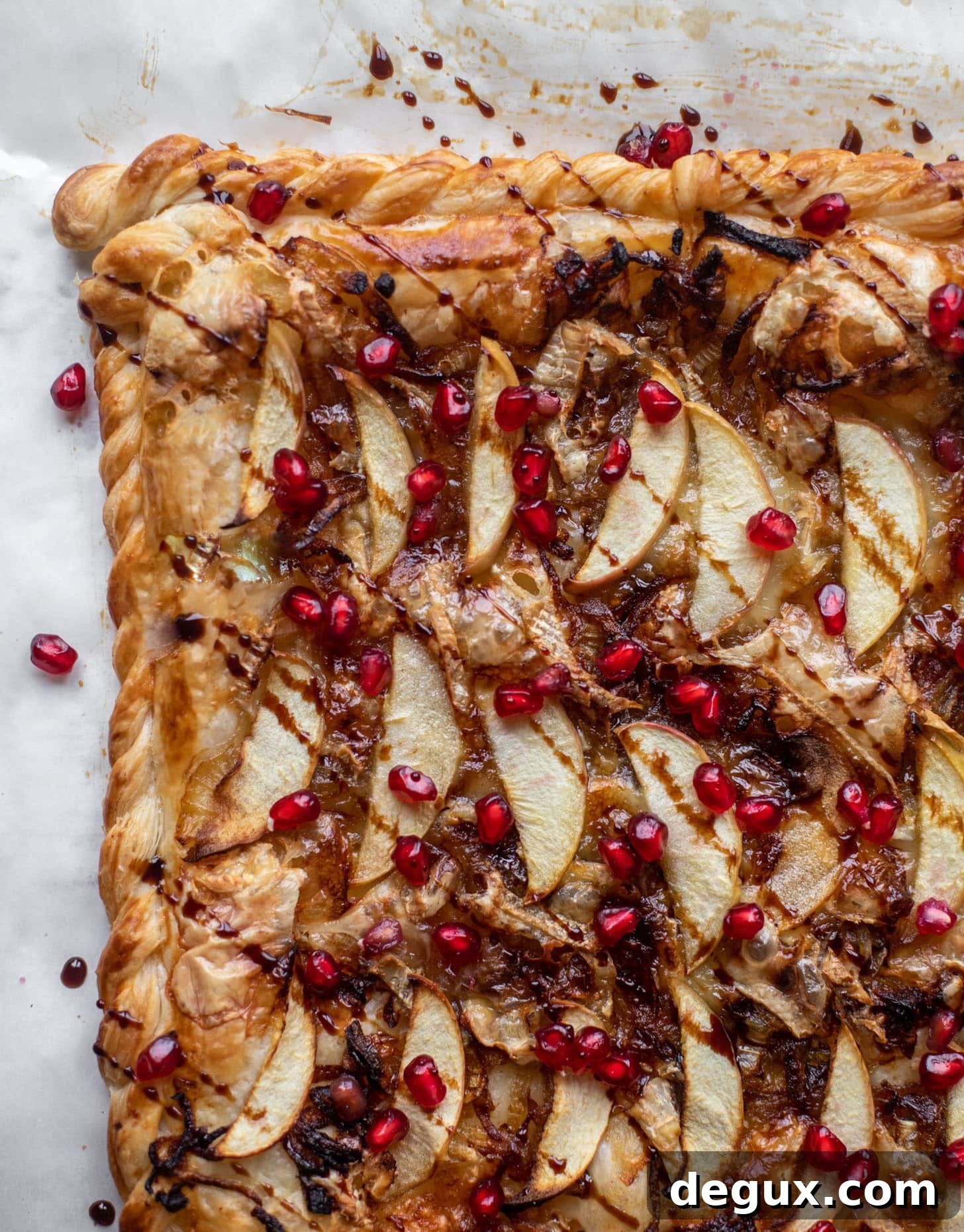 Caramelized Onion, Apple & Brie Tart Recipe — Savory-Sweet Tart 7 caramelized onion, apple and brie puff pastry tart with pomegranate molasses