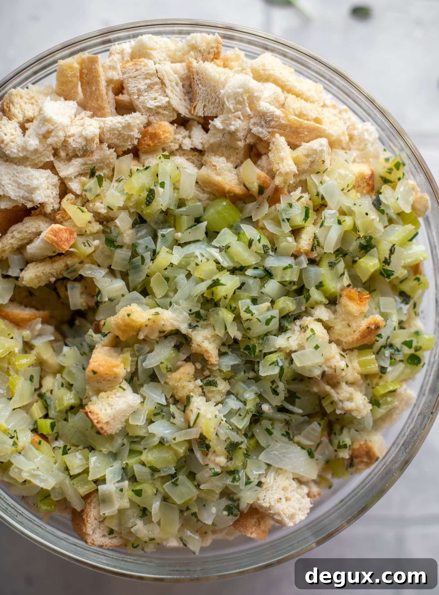 celery mixture on top of bread cubes