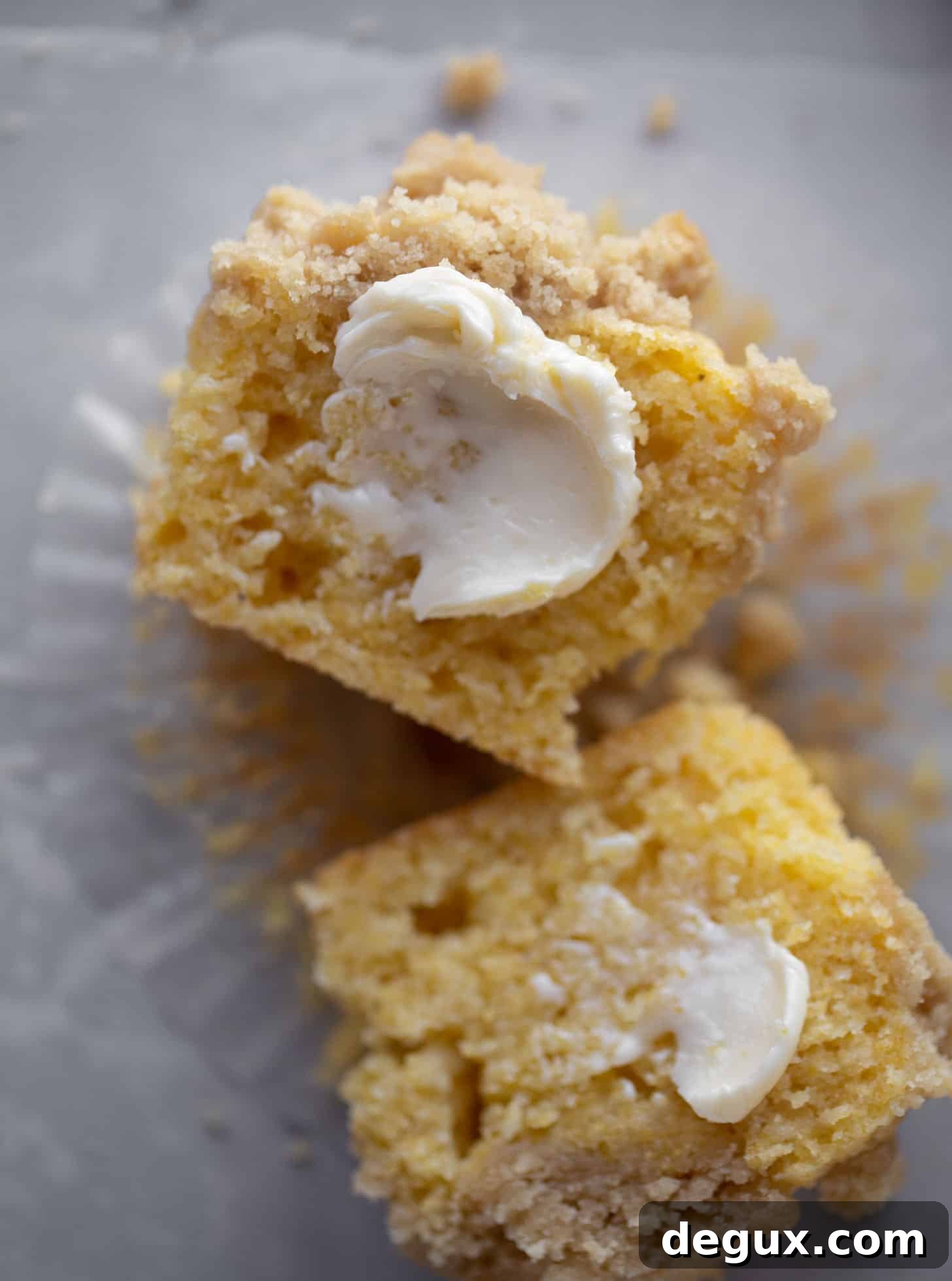 Buttery Cornbread Crumb Muffins: Crispy Streusel Topping 8 cornbread crumb muffins with butter