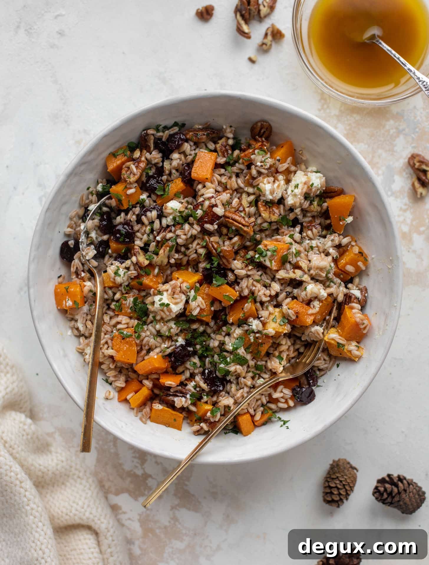 Winter Farro Salad with Cranberry Cinnamon Vinaigrette 9 warm winter farro with butternut squash, goat cheese, cranberries and pecans