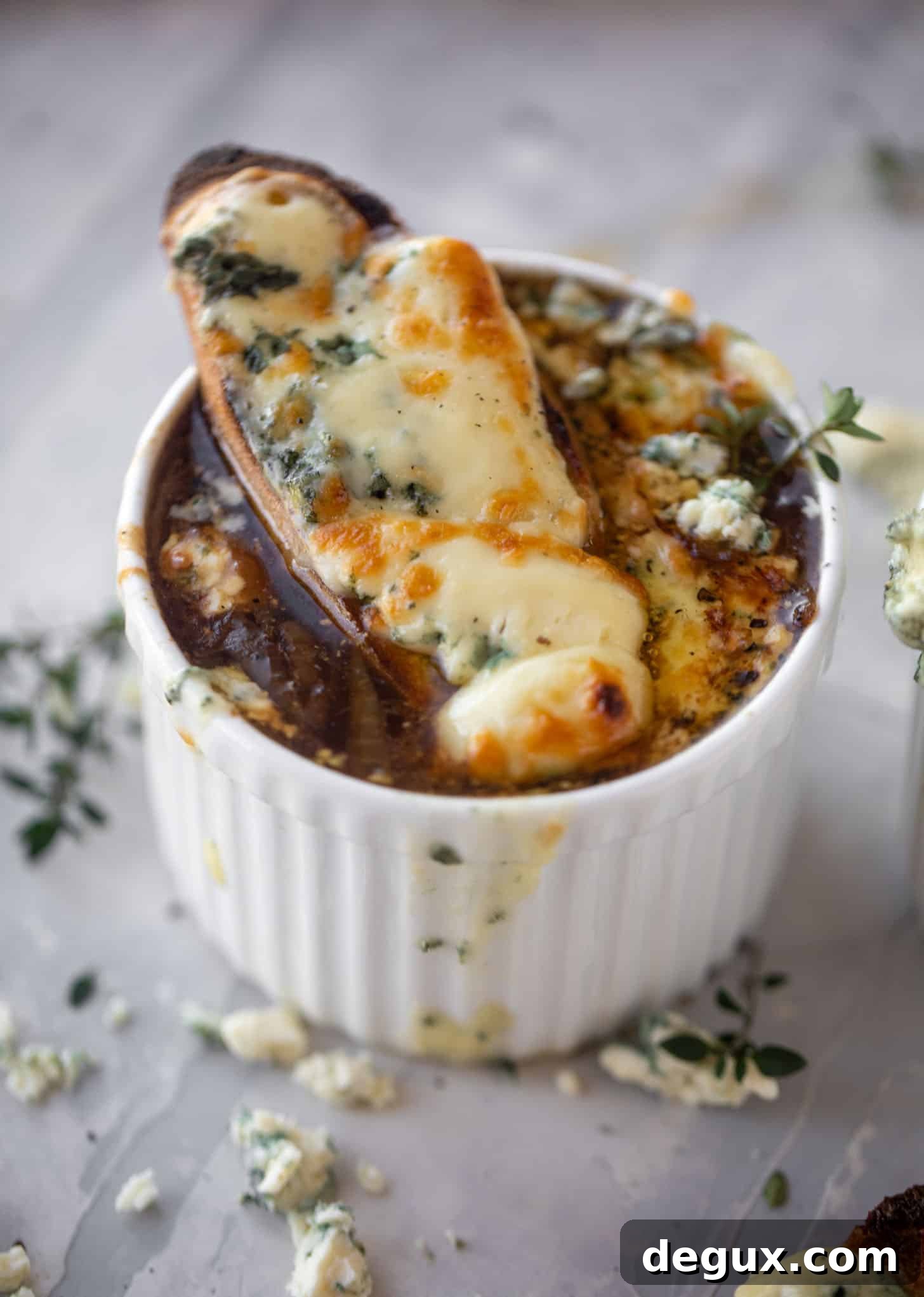 french onion soup with brûléed blue cheese