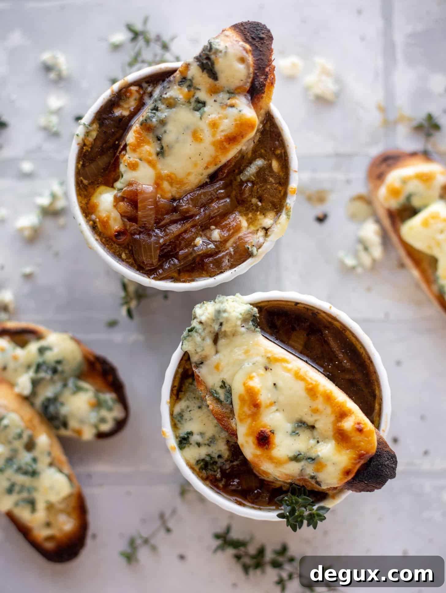 french onion soup with brûléed blue cheese